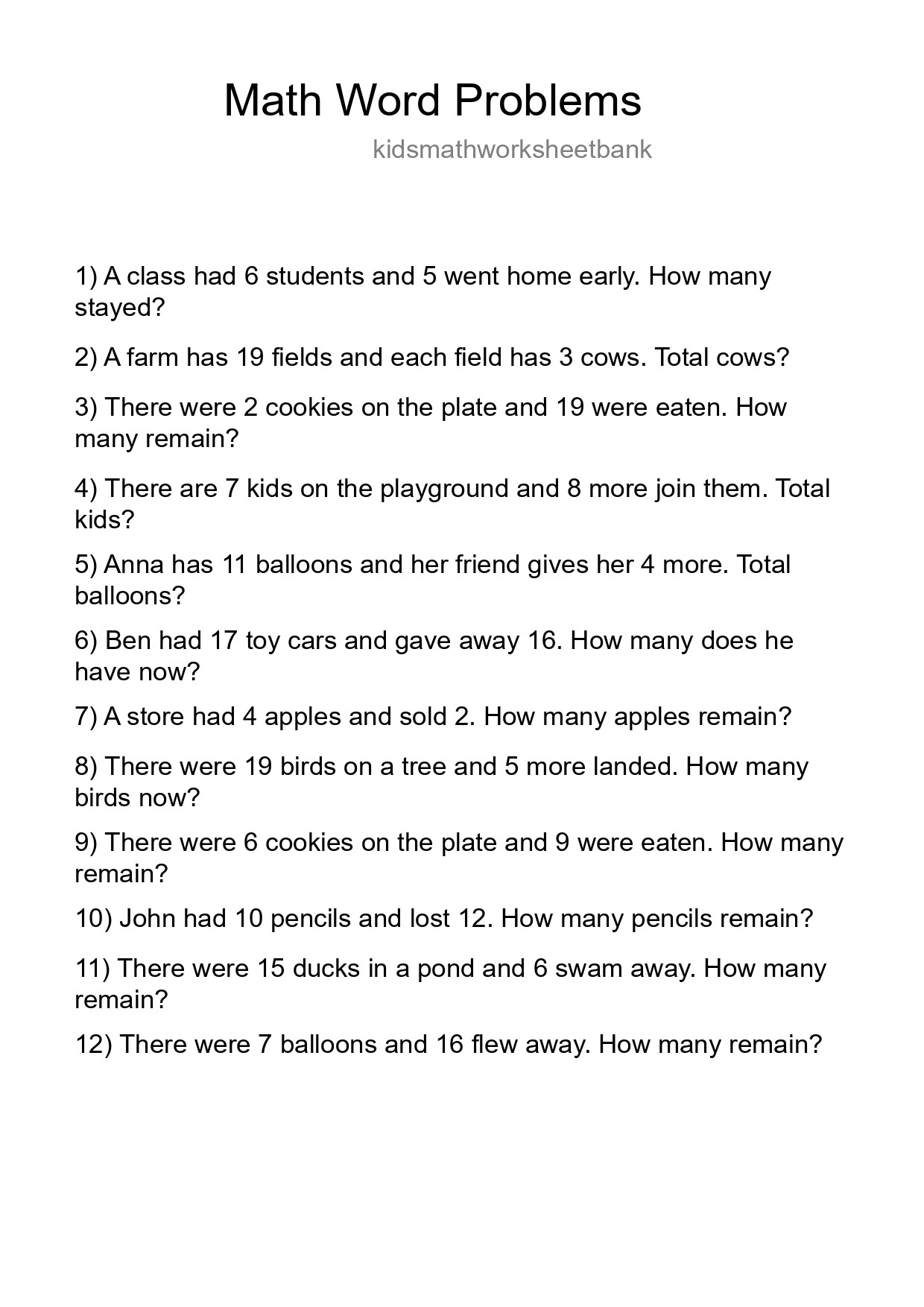 Math Word Problem Worksheet