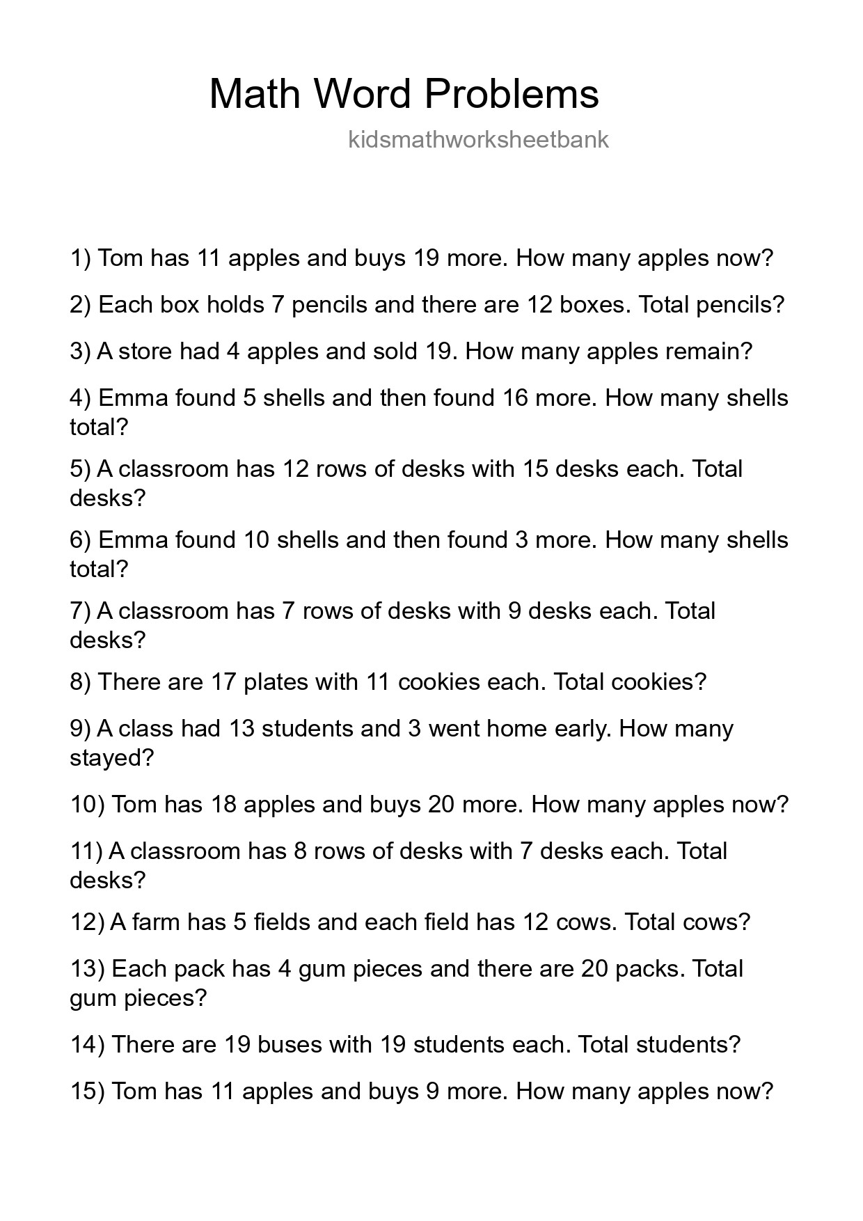 Math Word Problem Worksheet
