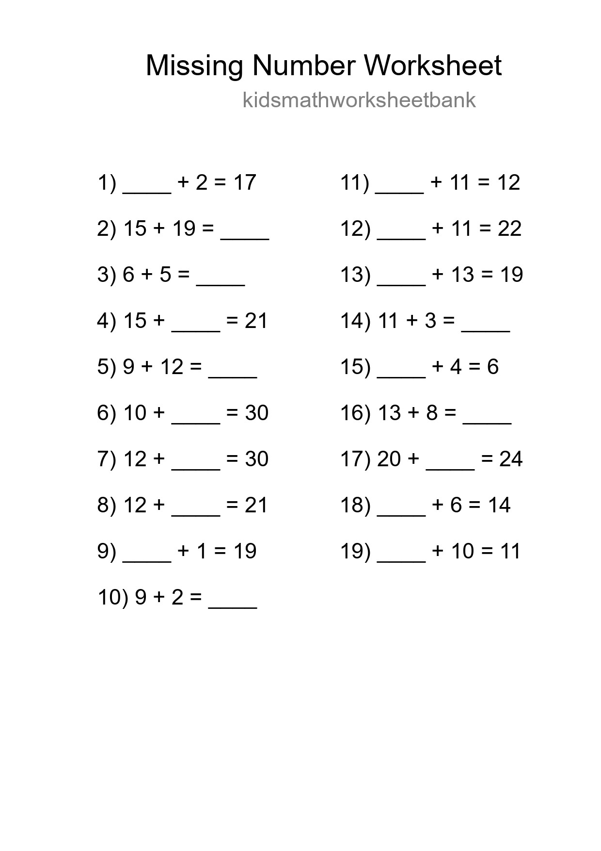 Missing Number Math Worksheet