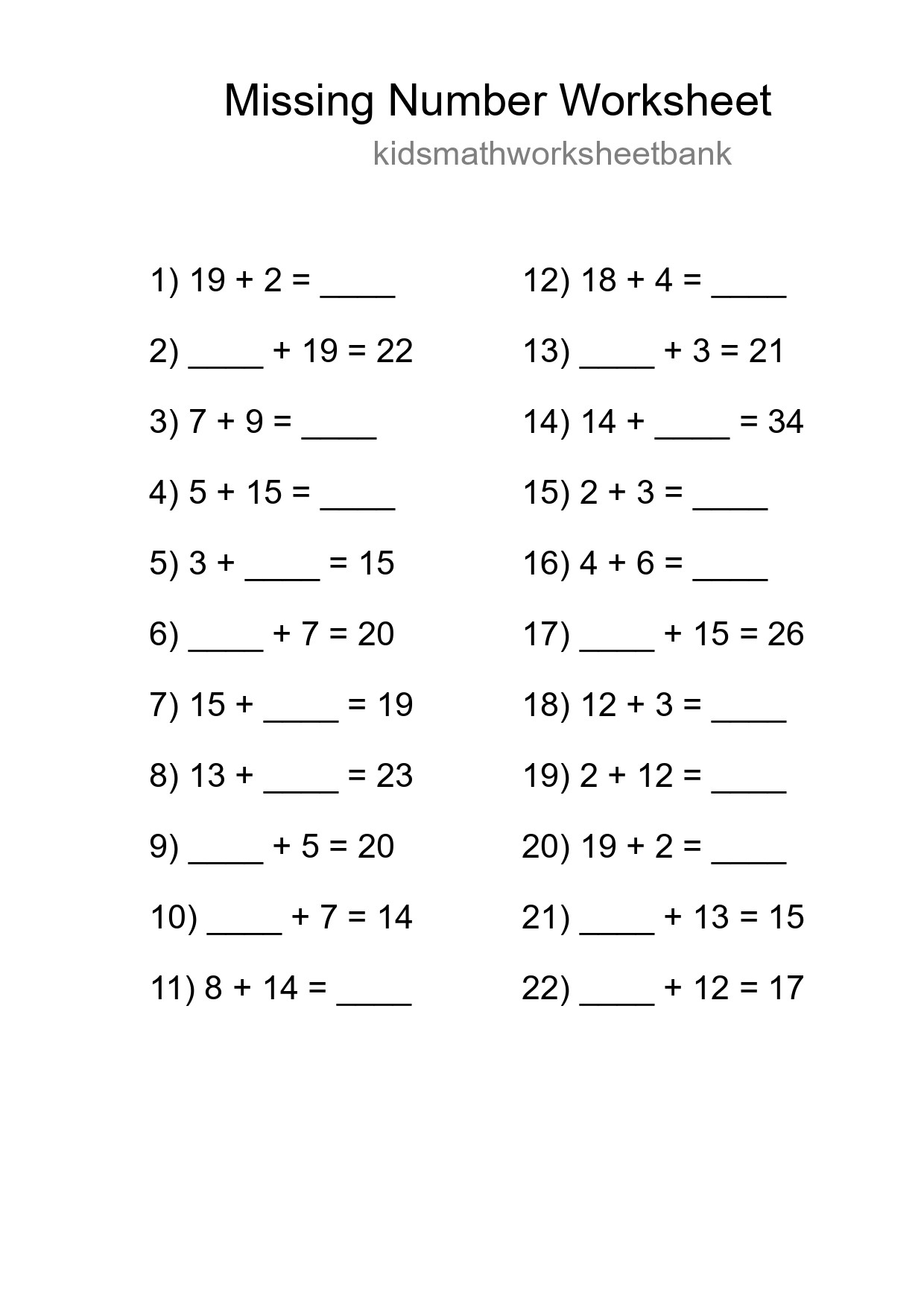 Missing Number Math Worksheet