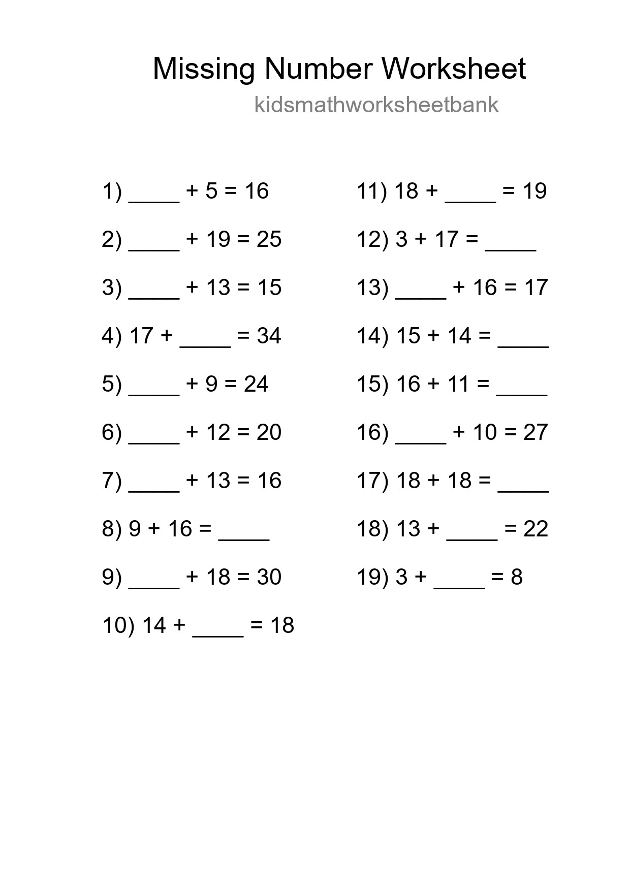 Missing Number Math Worksheet