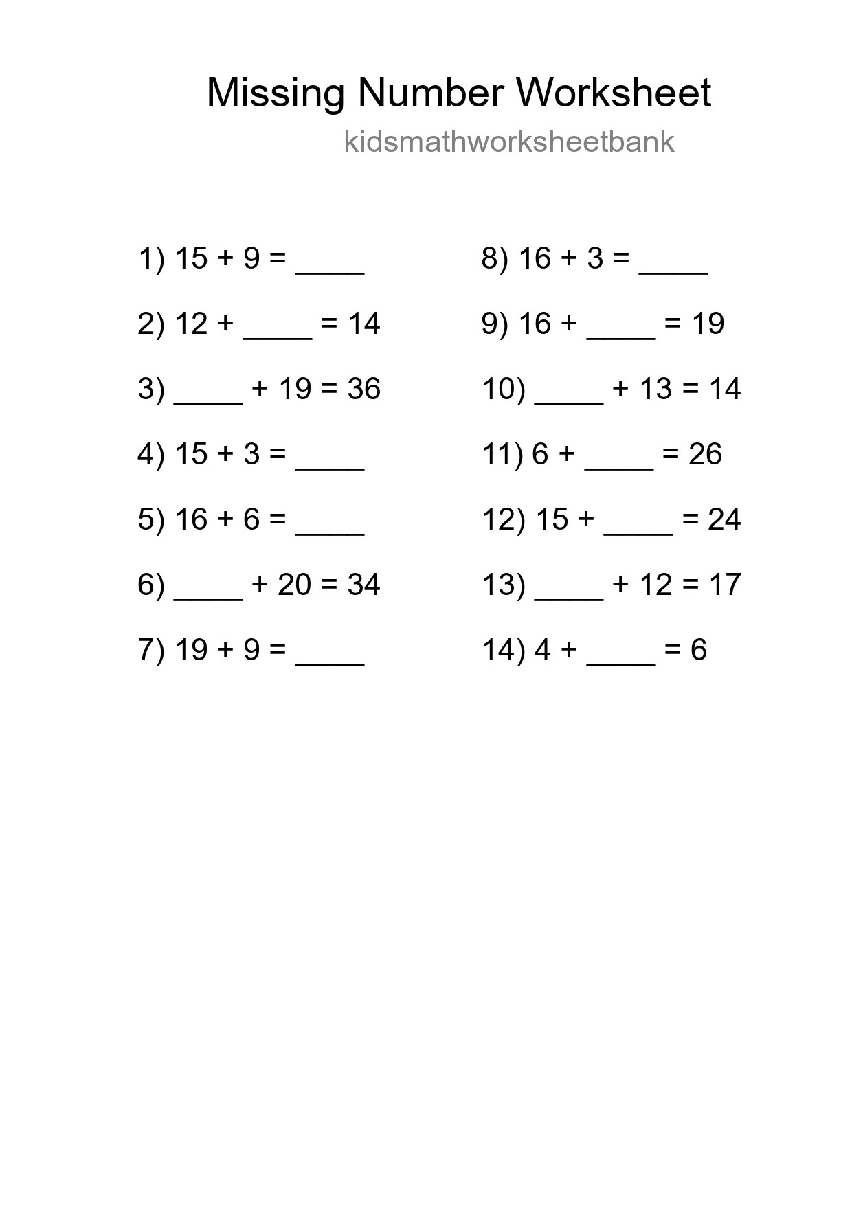 Missing Number Math Worksheet