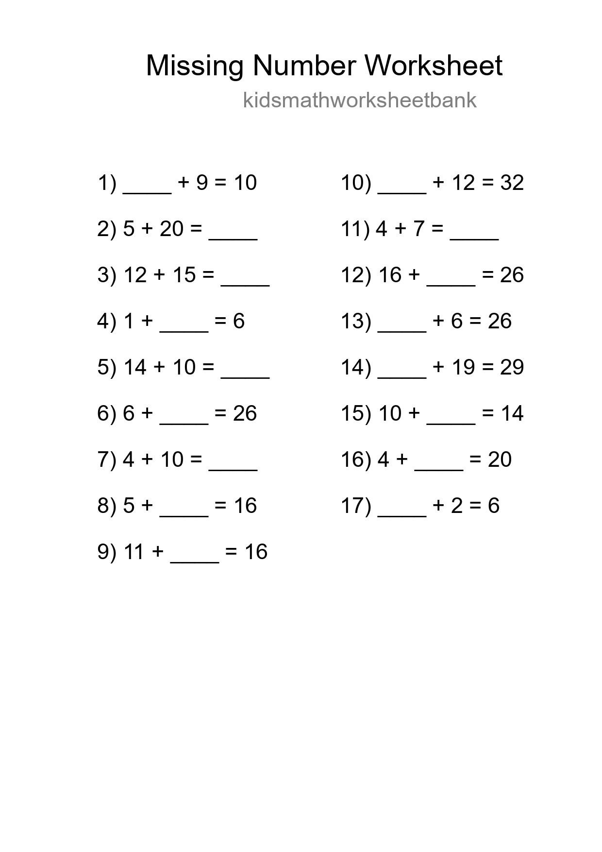 Missing Number Math Worksheet