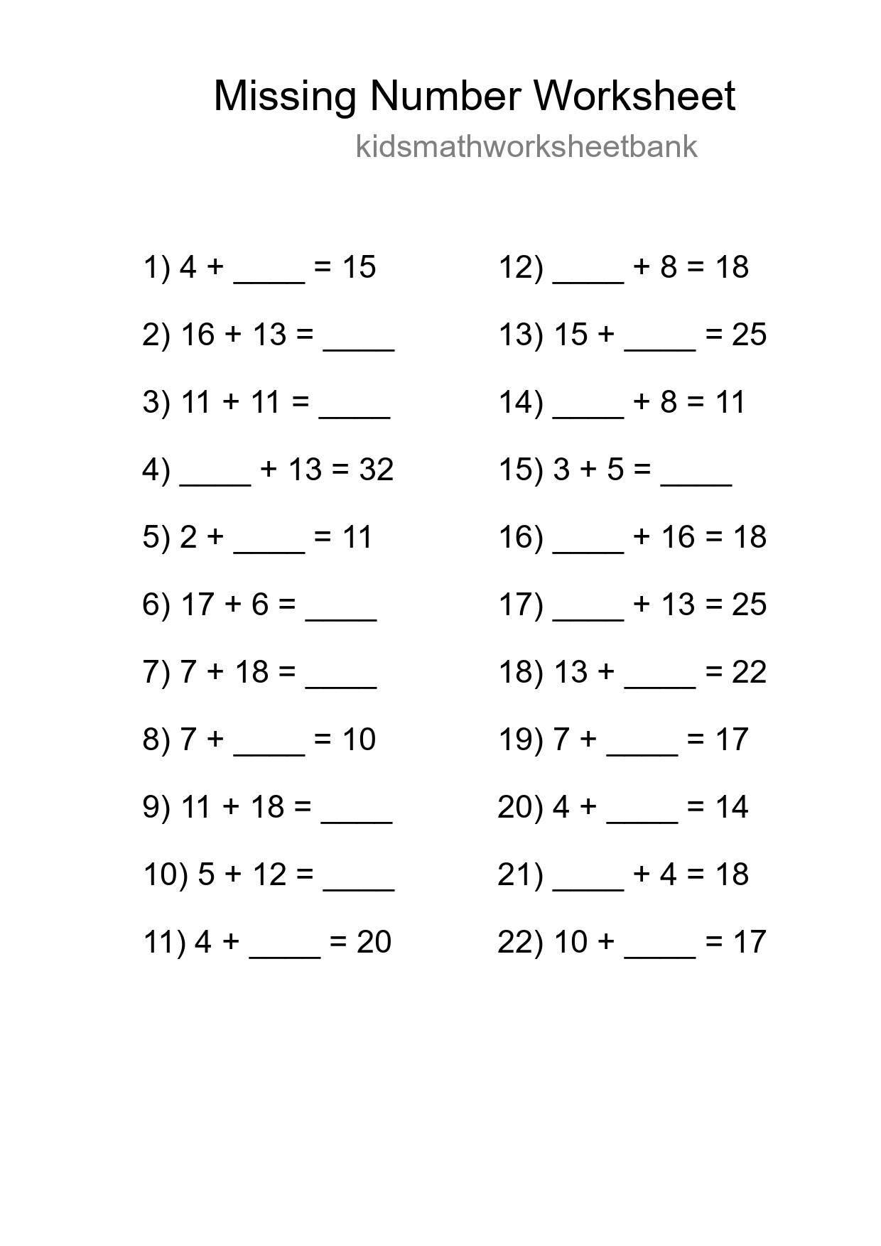 Missing Number Math Worksheet