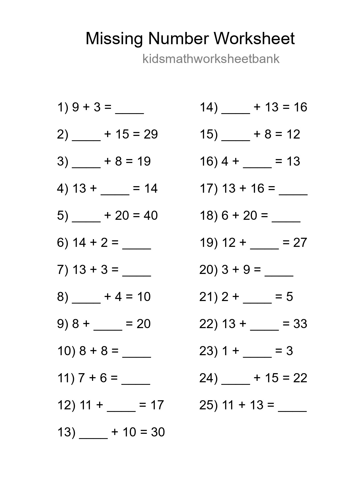 Missing Number Math Worksheet