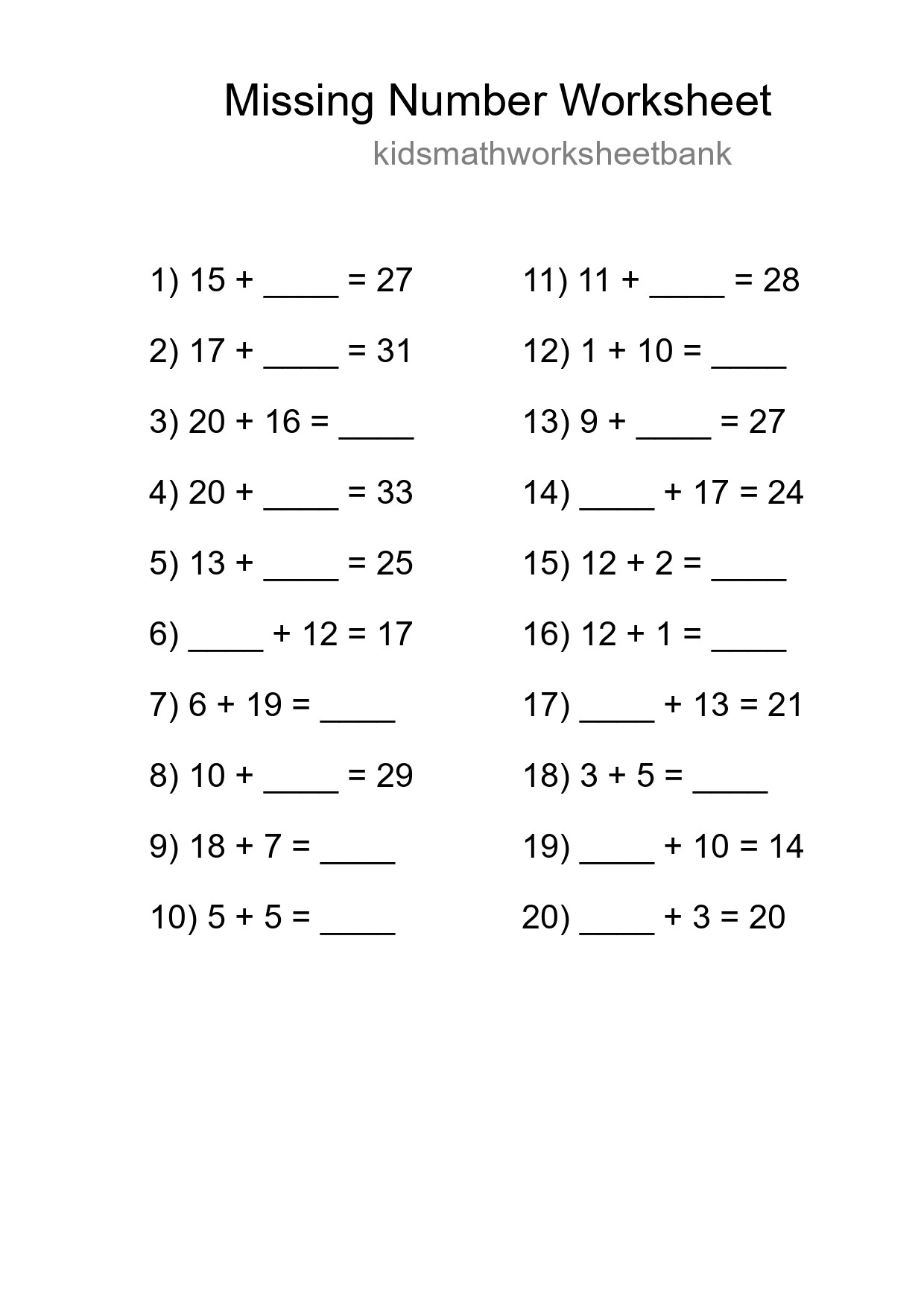 Missing Number Math Worksheet