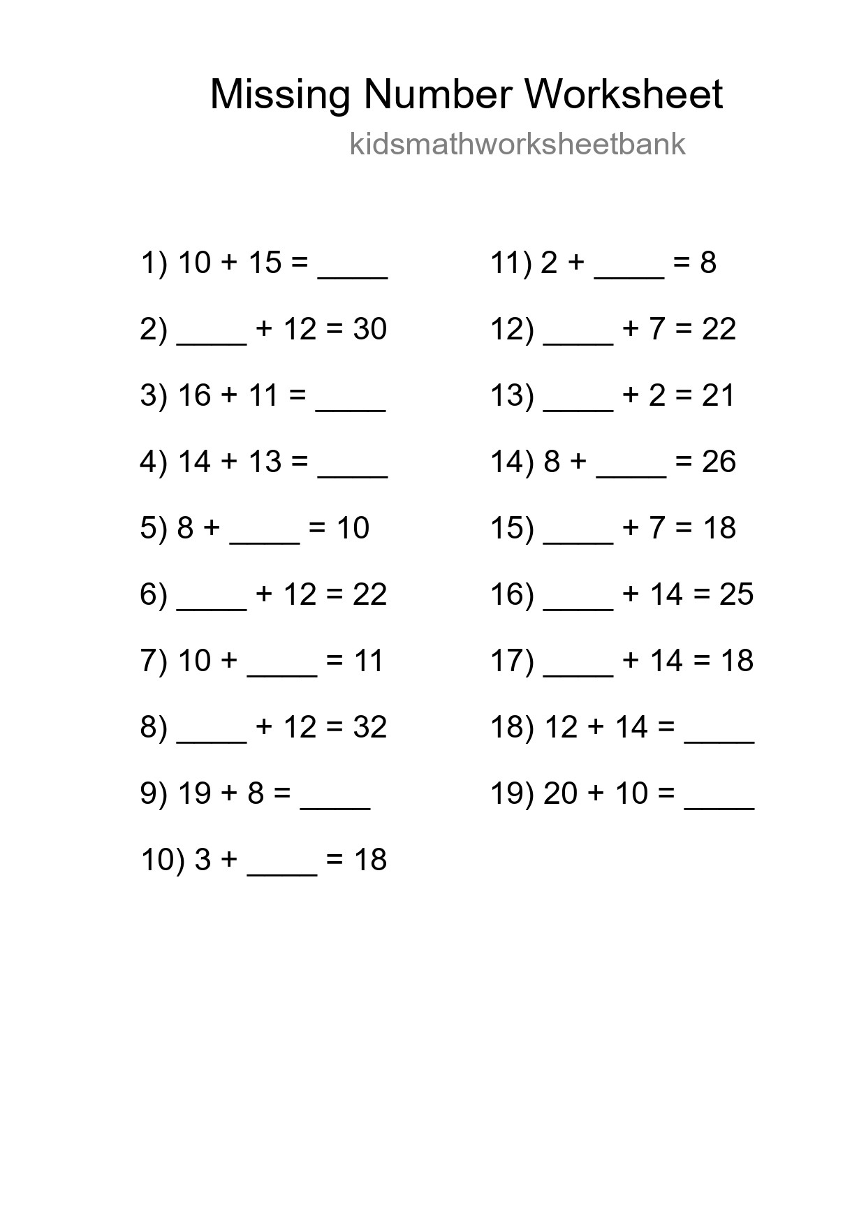 Missing Number Math Worksheet