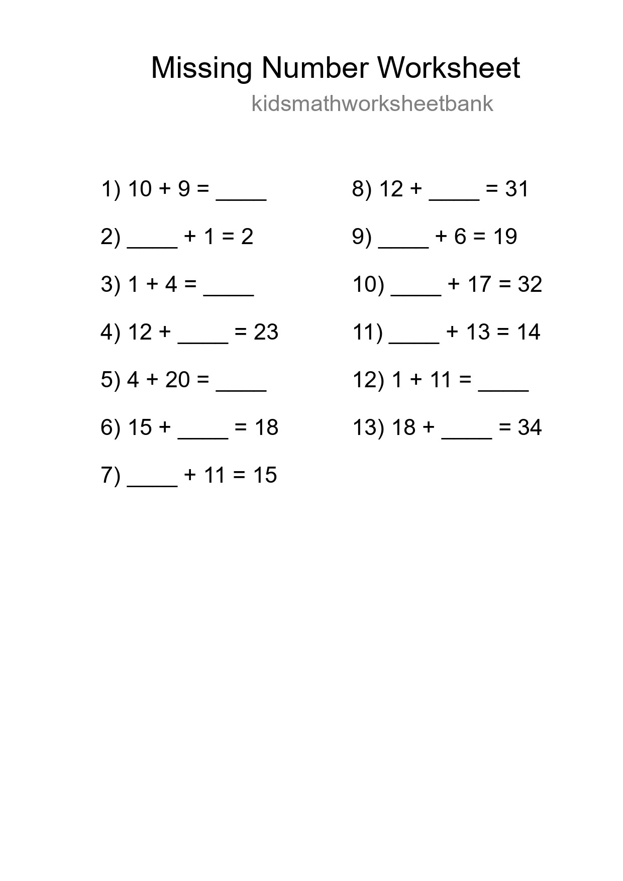 Missing Number Math Worksheet