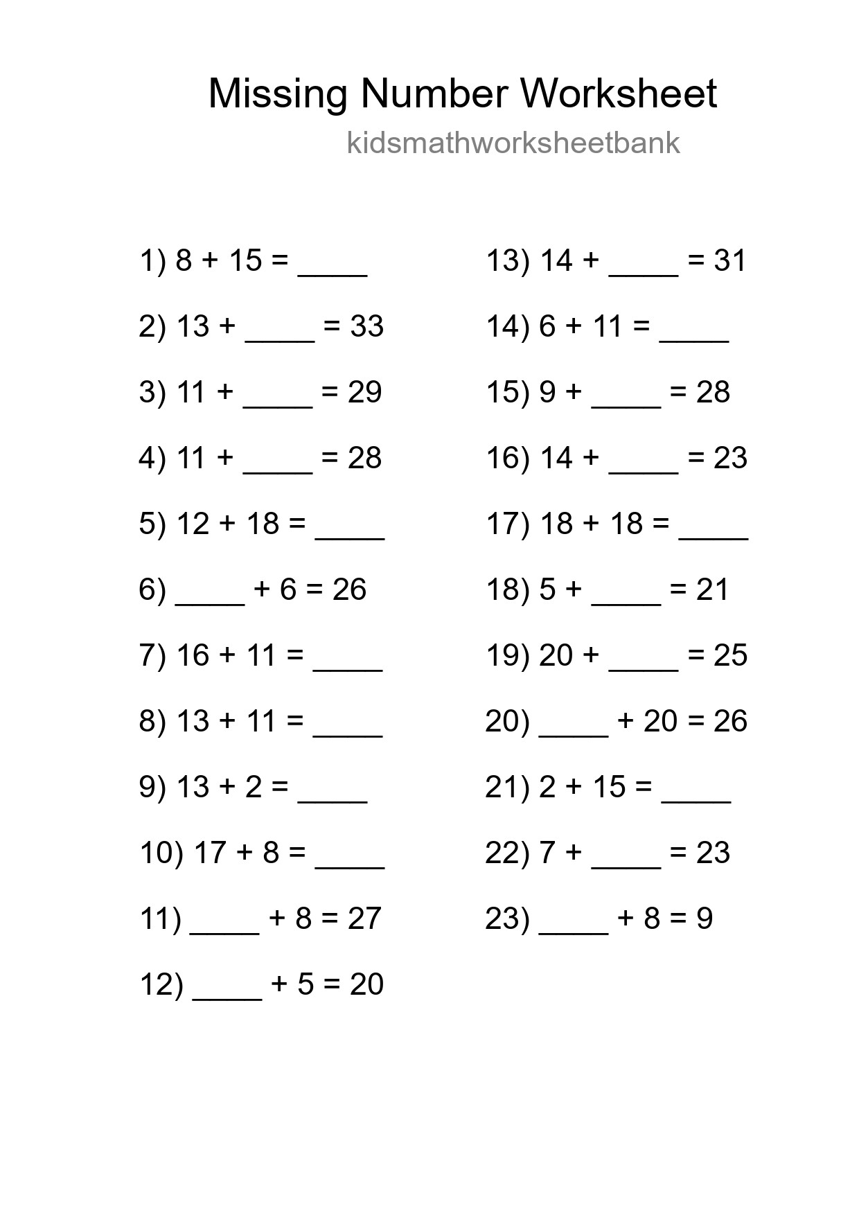 Missing Number Math Worksheet