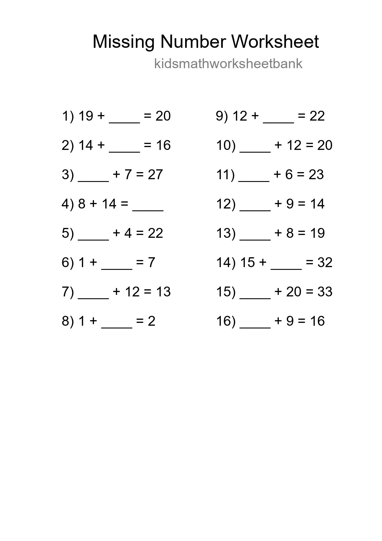 Missing Number Math Worksheet