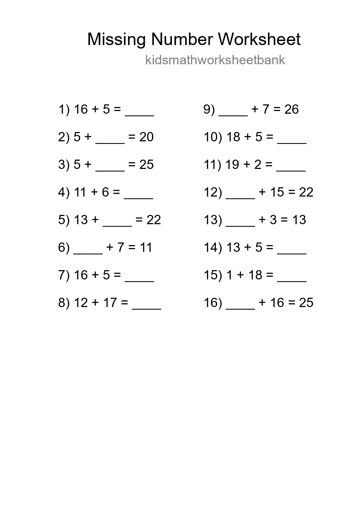 Missing Number Math Worksheet