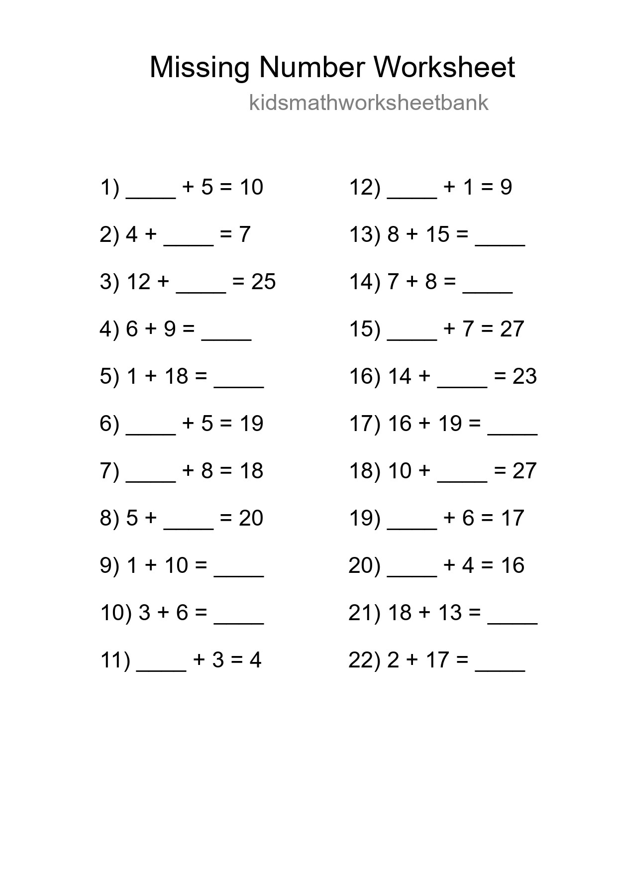 Missing Number Math Worksheet