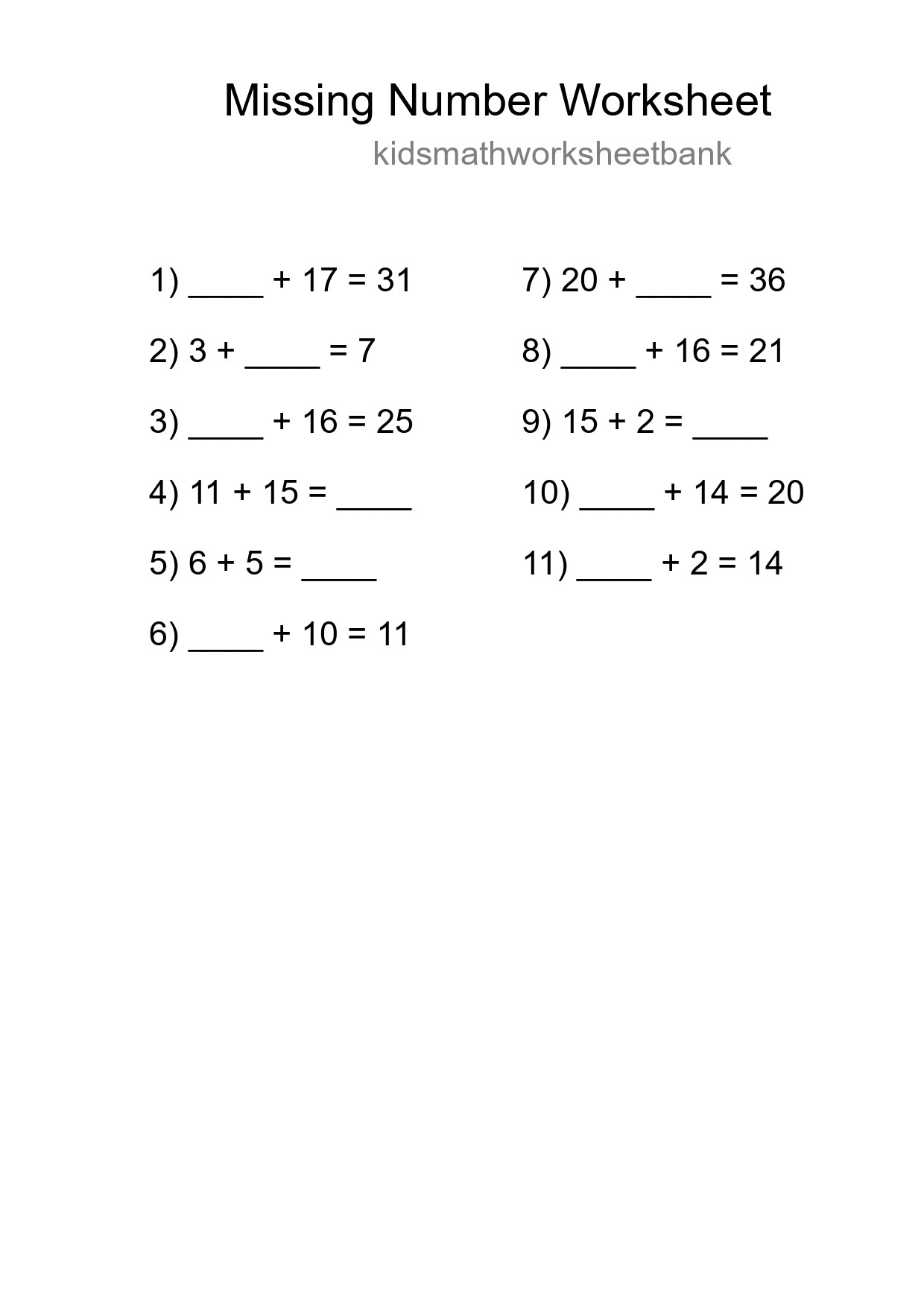 Missing Number Math Worksheet