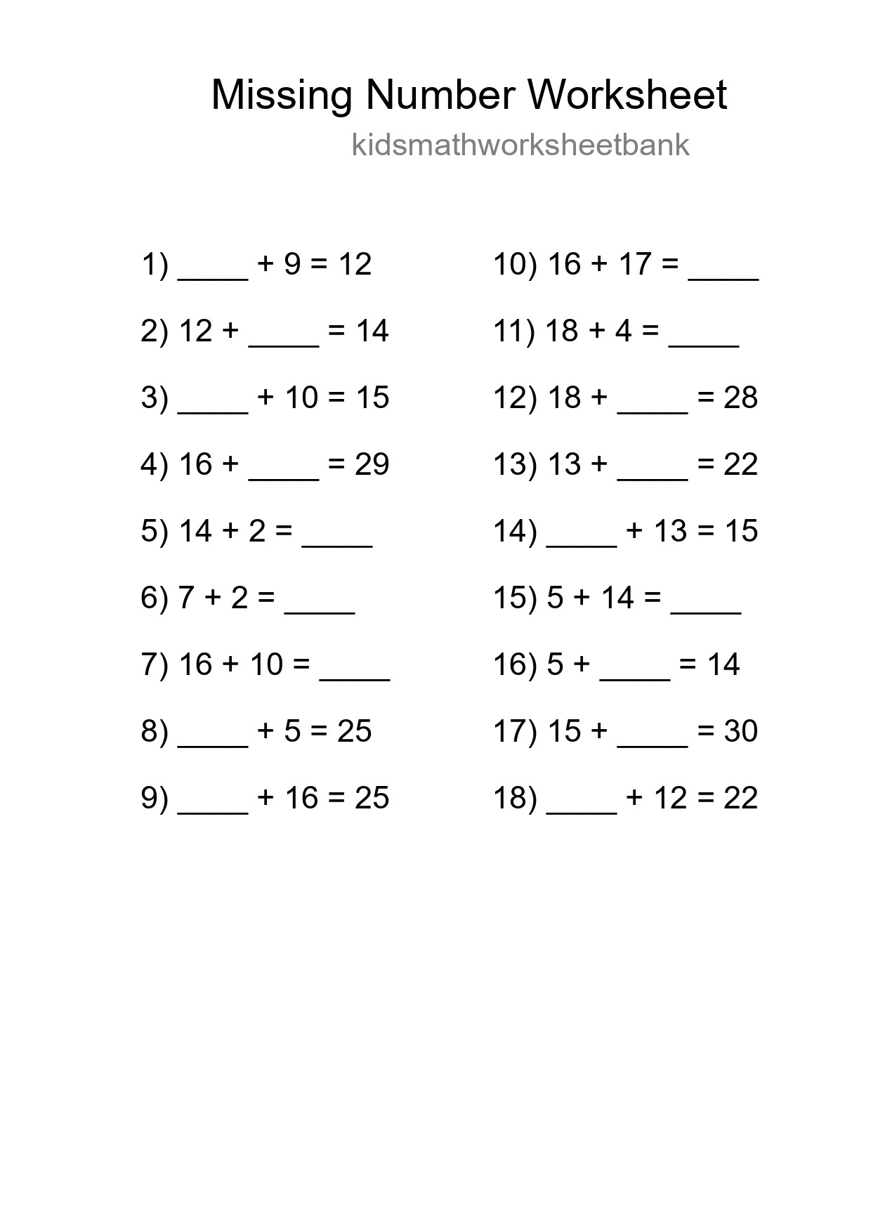 Missing Number Math Worksheet