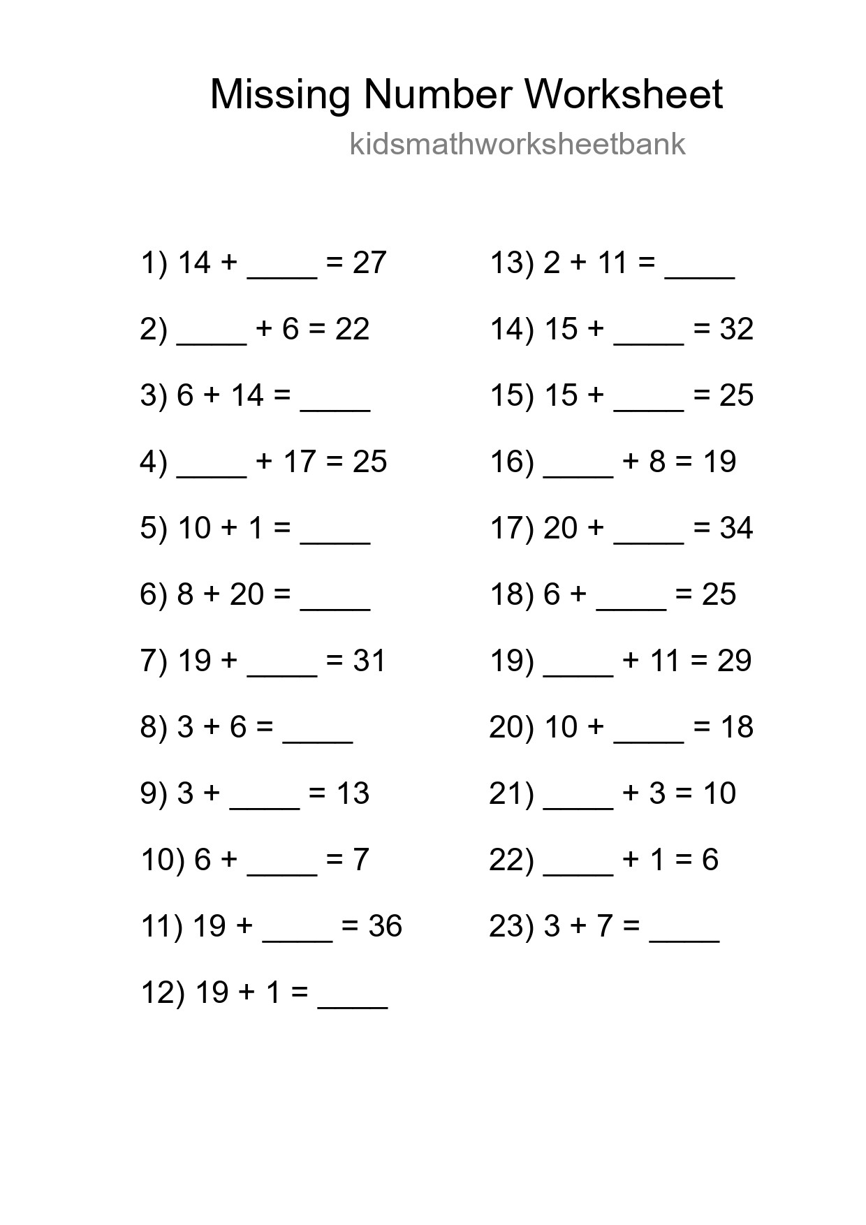 Missing Number Math Worksheet