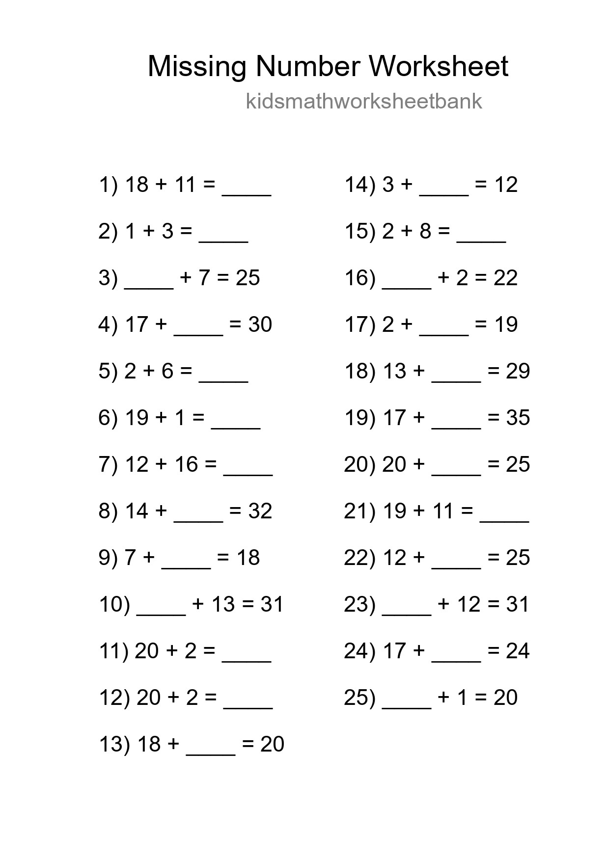 Missing Number Math Worksheet