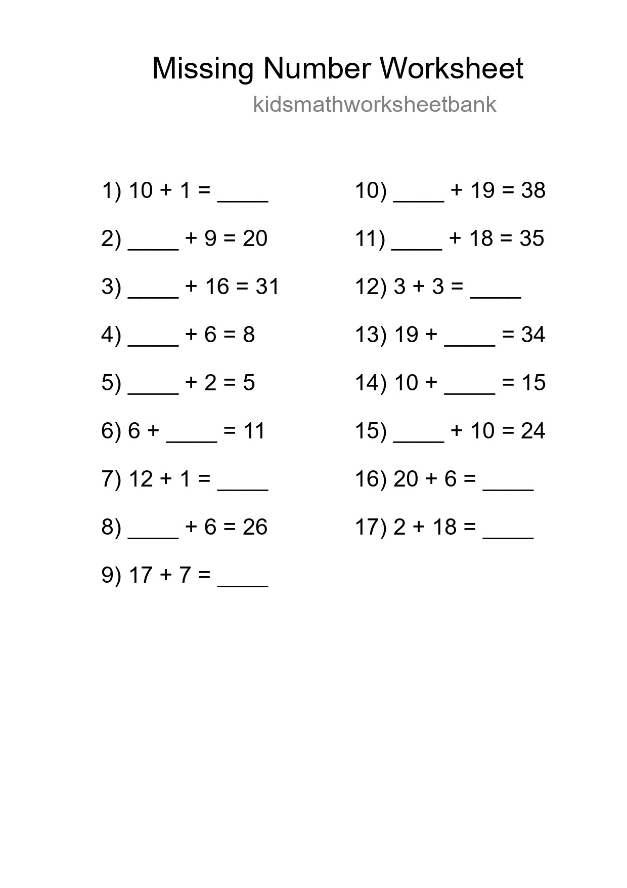 Missing Number Math Worksheet