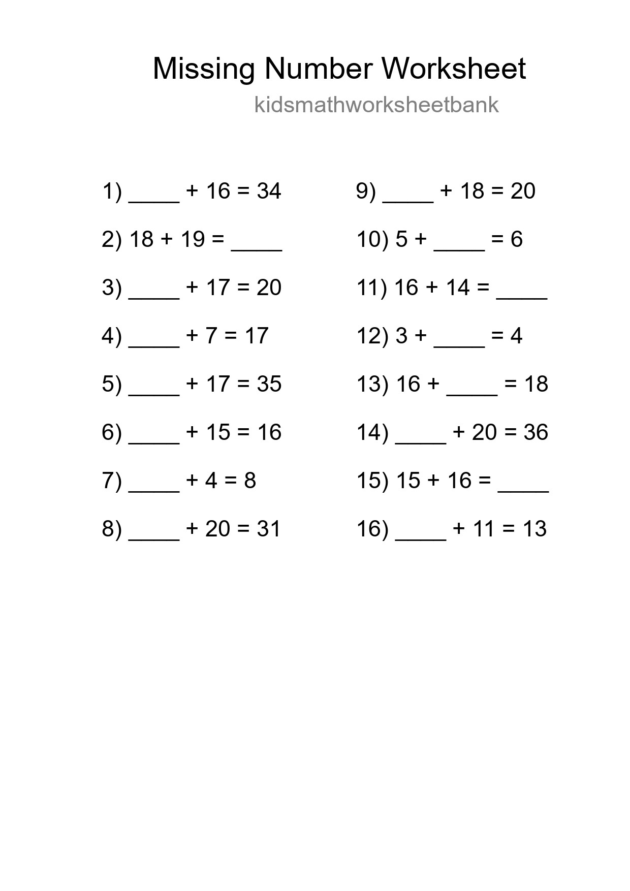 Missing Number Math Worksheet