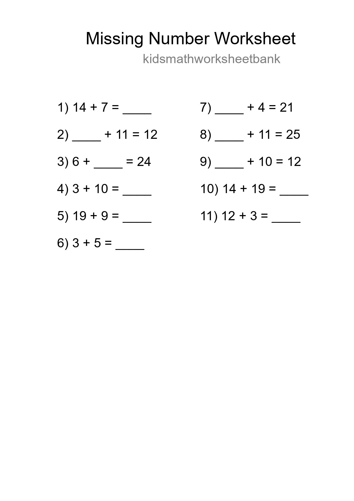 Missing Number Math Worksheet