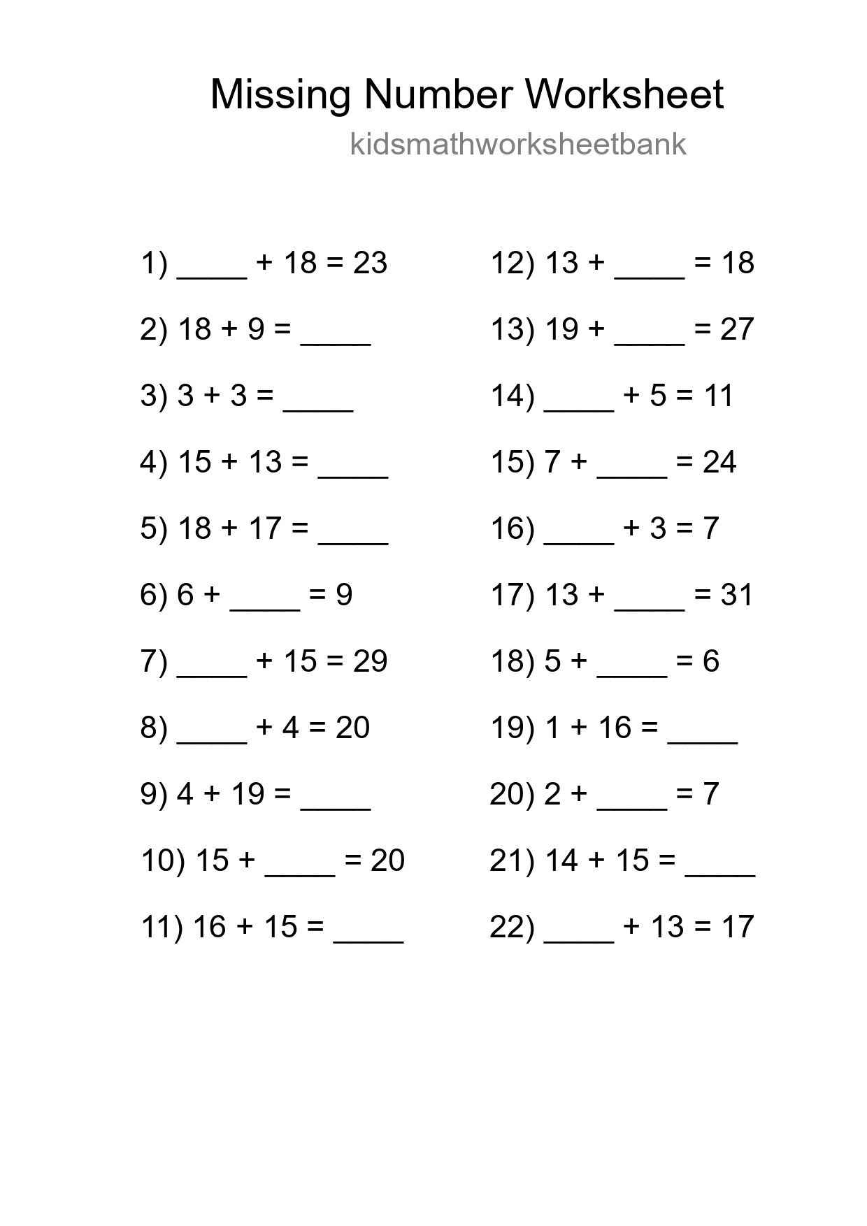 Missing Number Math Worksheet