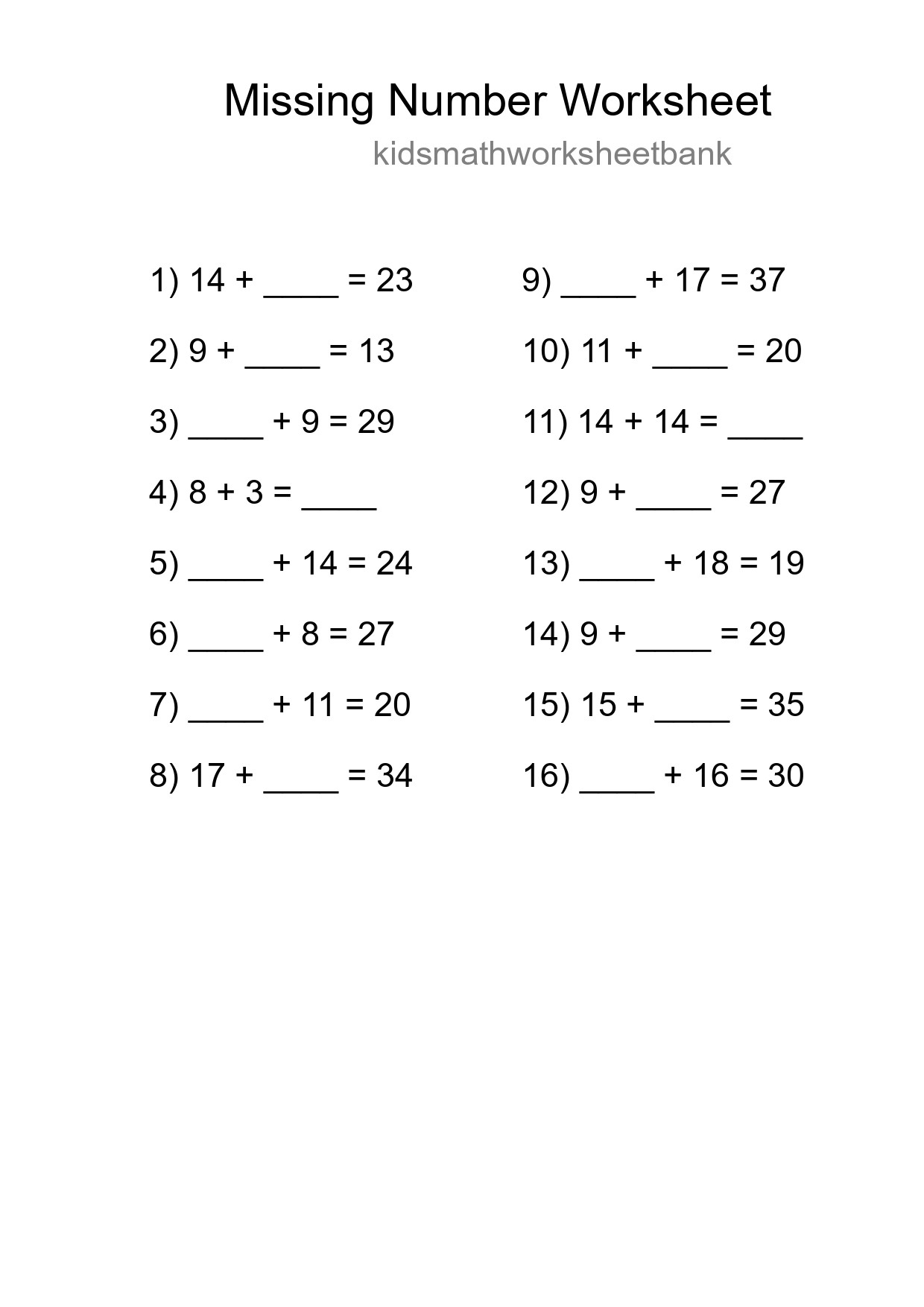 Missing Number Math Worksheet