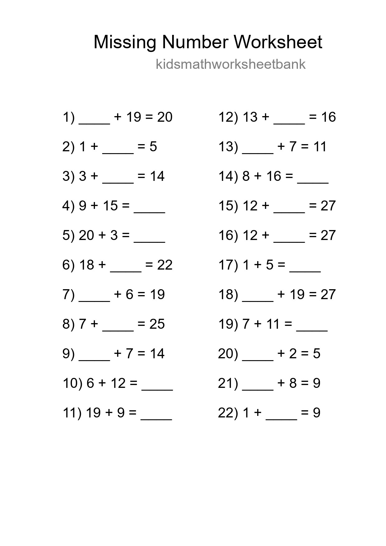 Missing Number Math Worksheet
