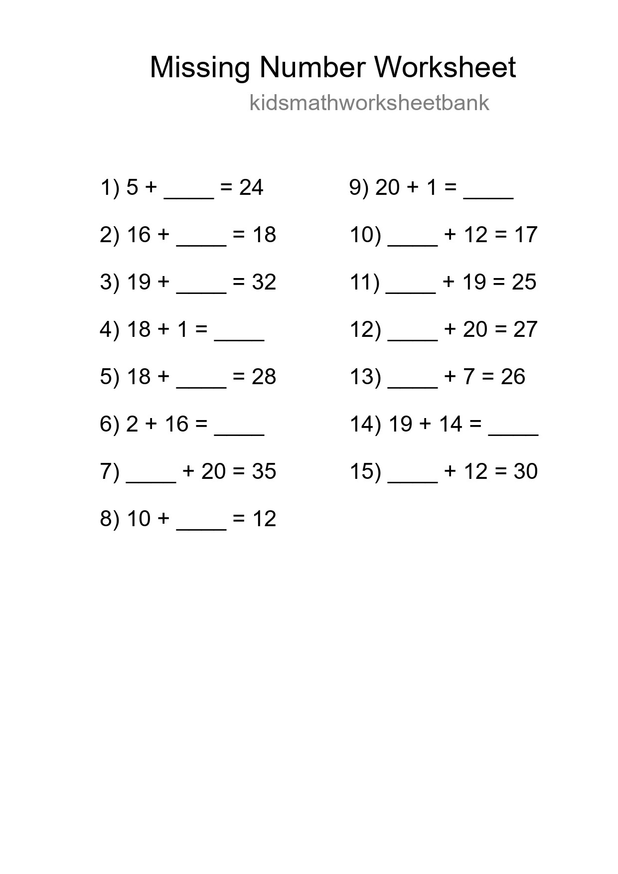 Missing Number Math Worksheet