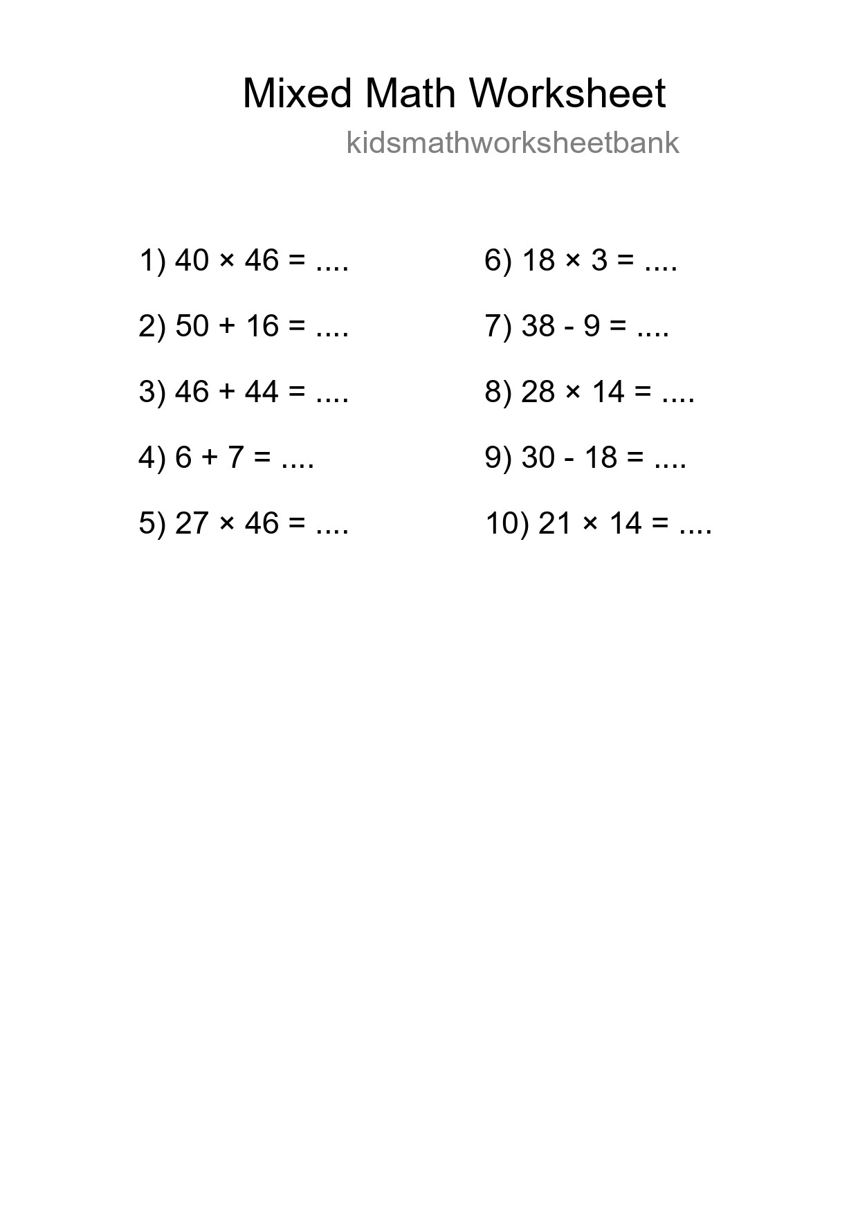 Mixed Operations Math Worksheet