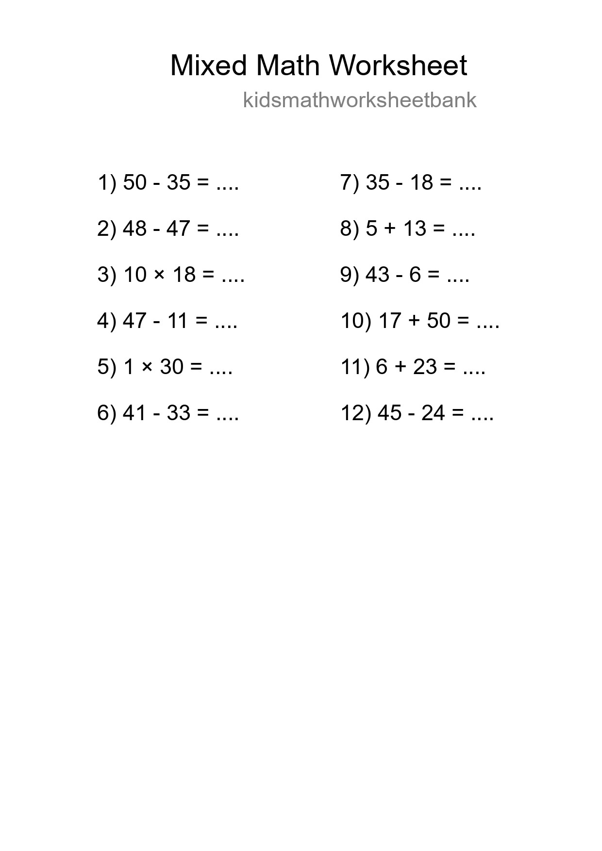 Mixed Operations Math Worksheet