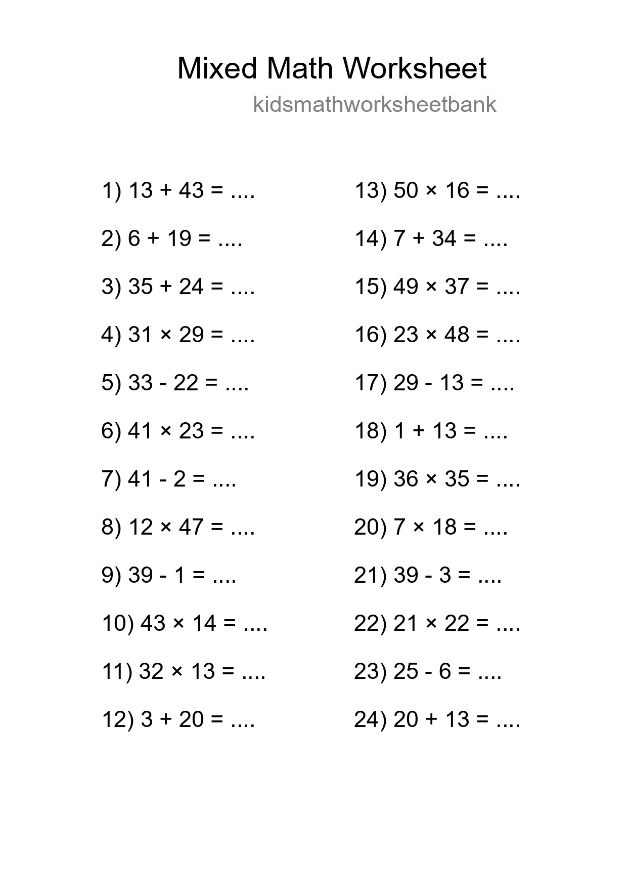 Mixed Operations Math Worksheet
