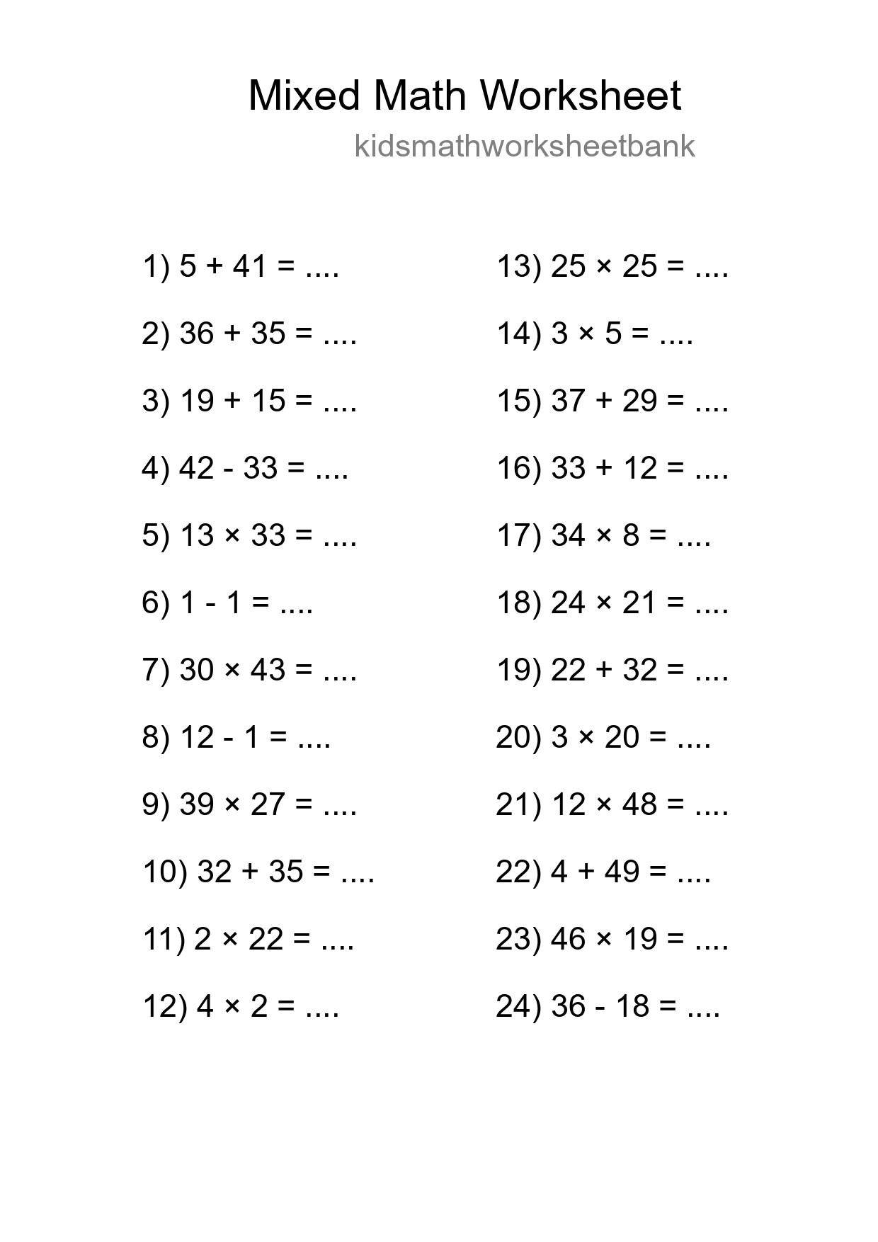 Mixed Operations Math Worksheet
