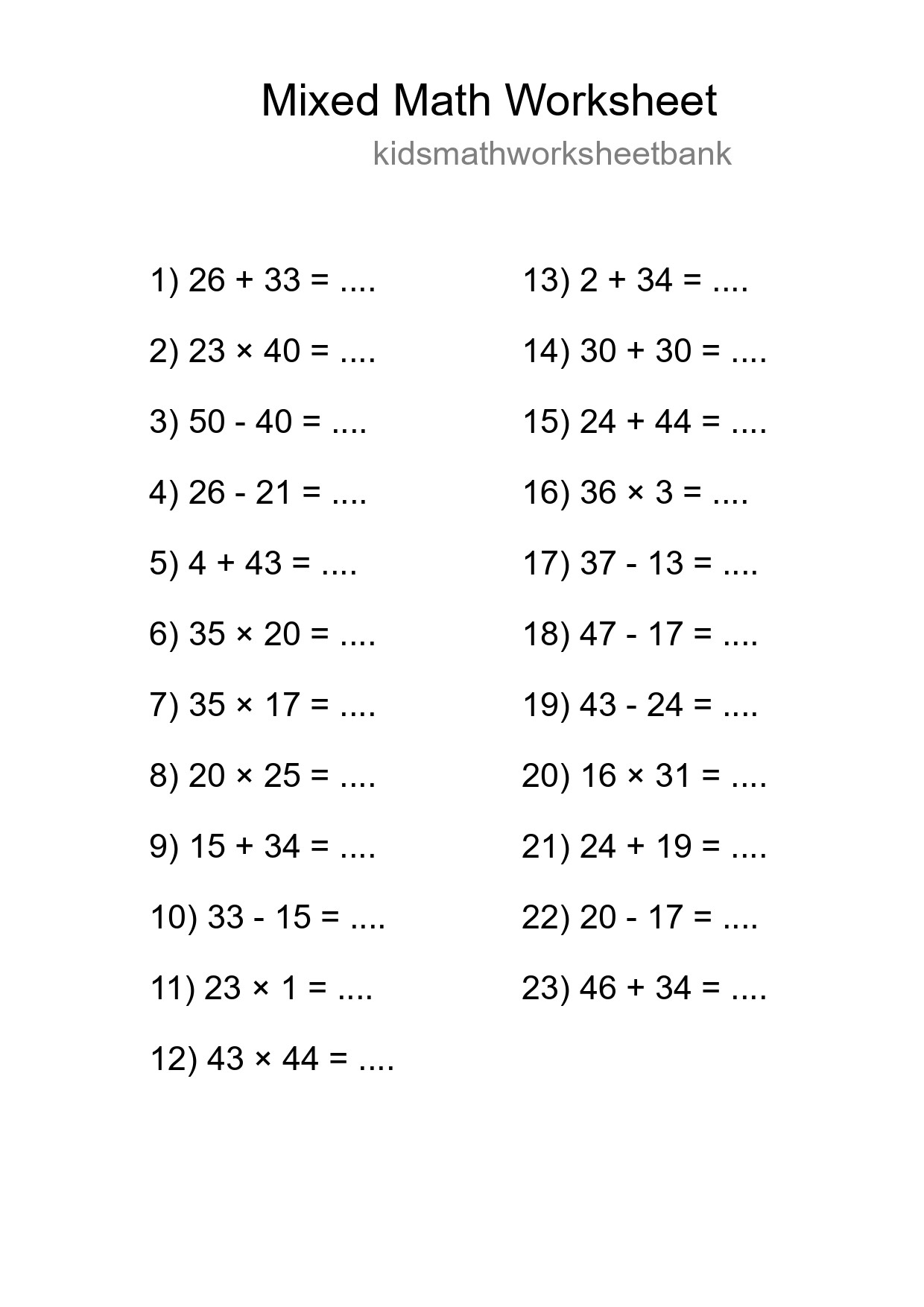 Mixed Operations Math Worksheet