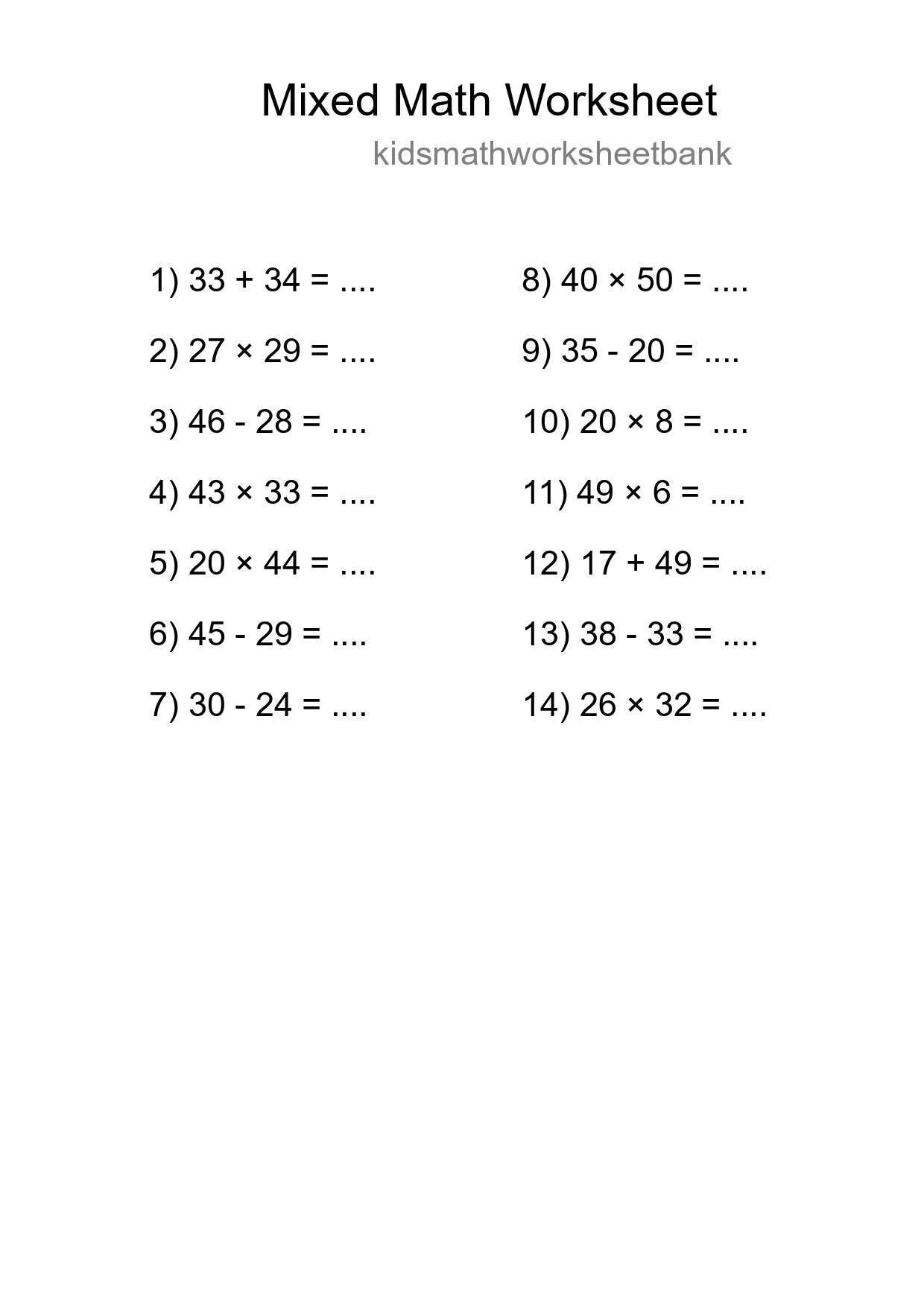 Mixed Operations Math Worksheet