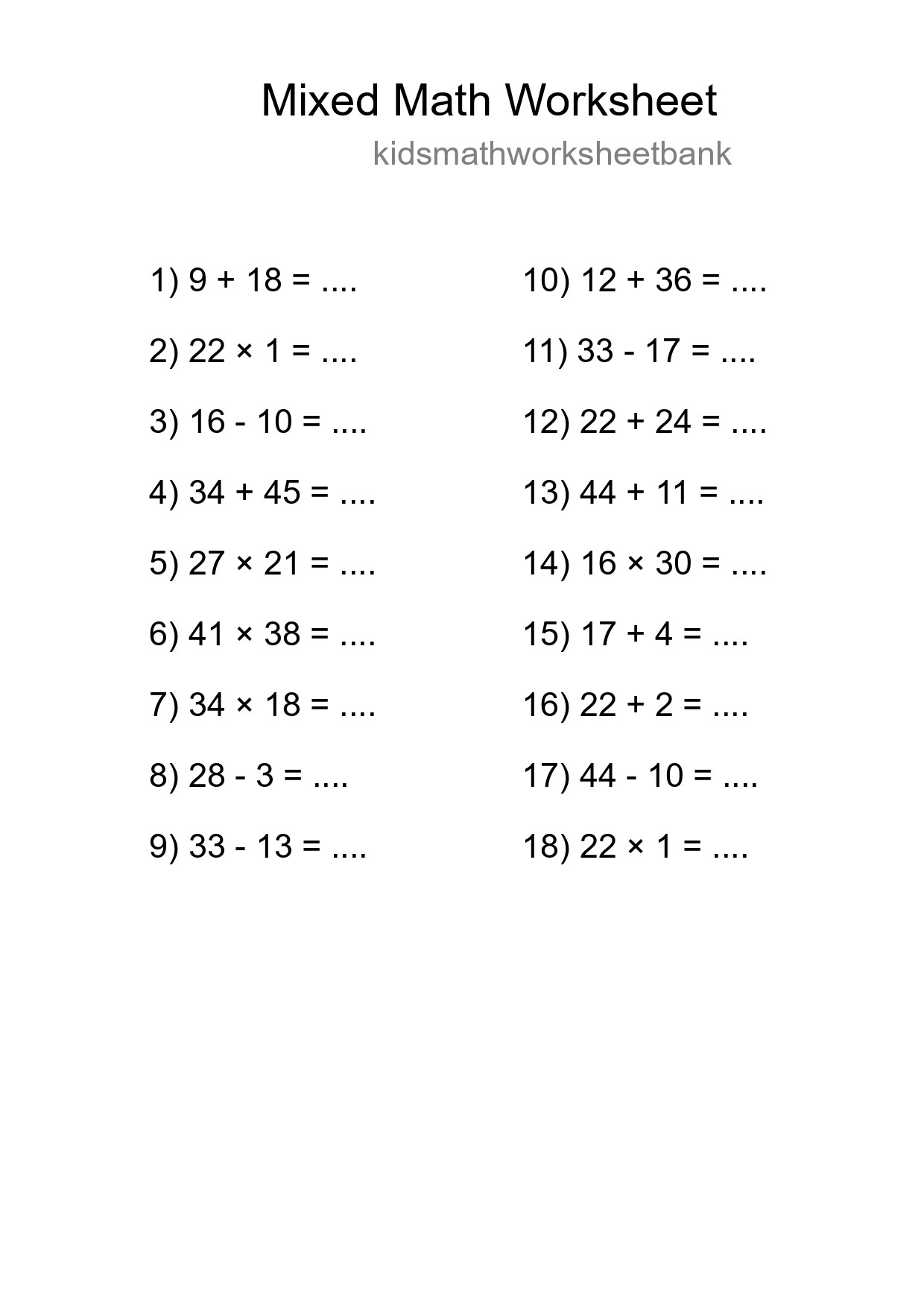 Mixed Operations Math Worksheet