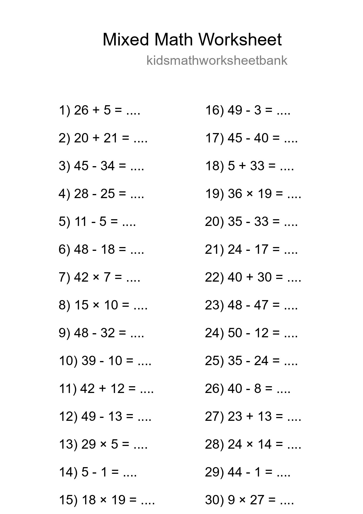 Mixed Operations Math Worksheet