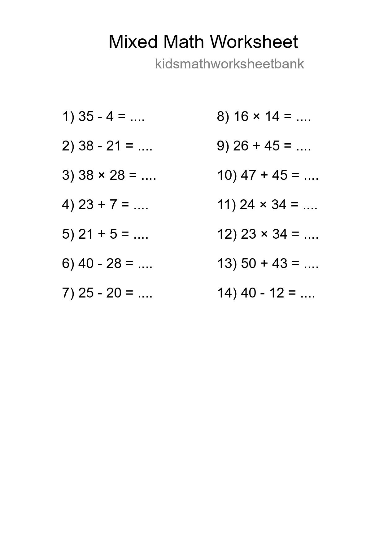 Mixed Operations Math Worksheet