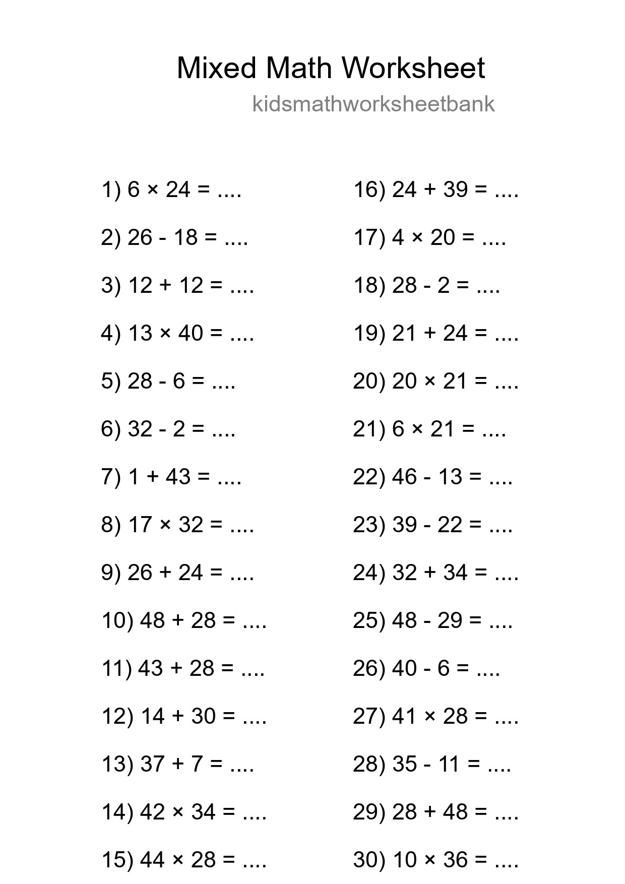 Mixed Operations Math Worksheet