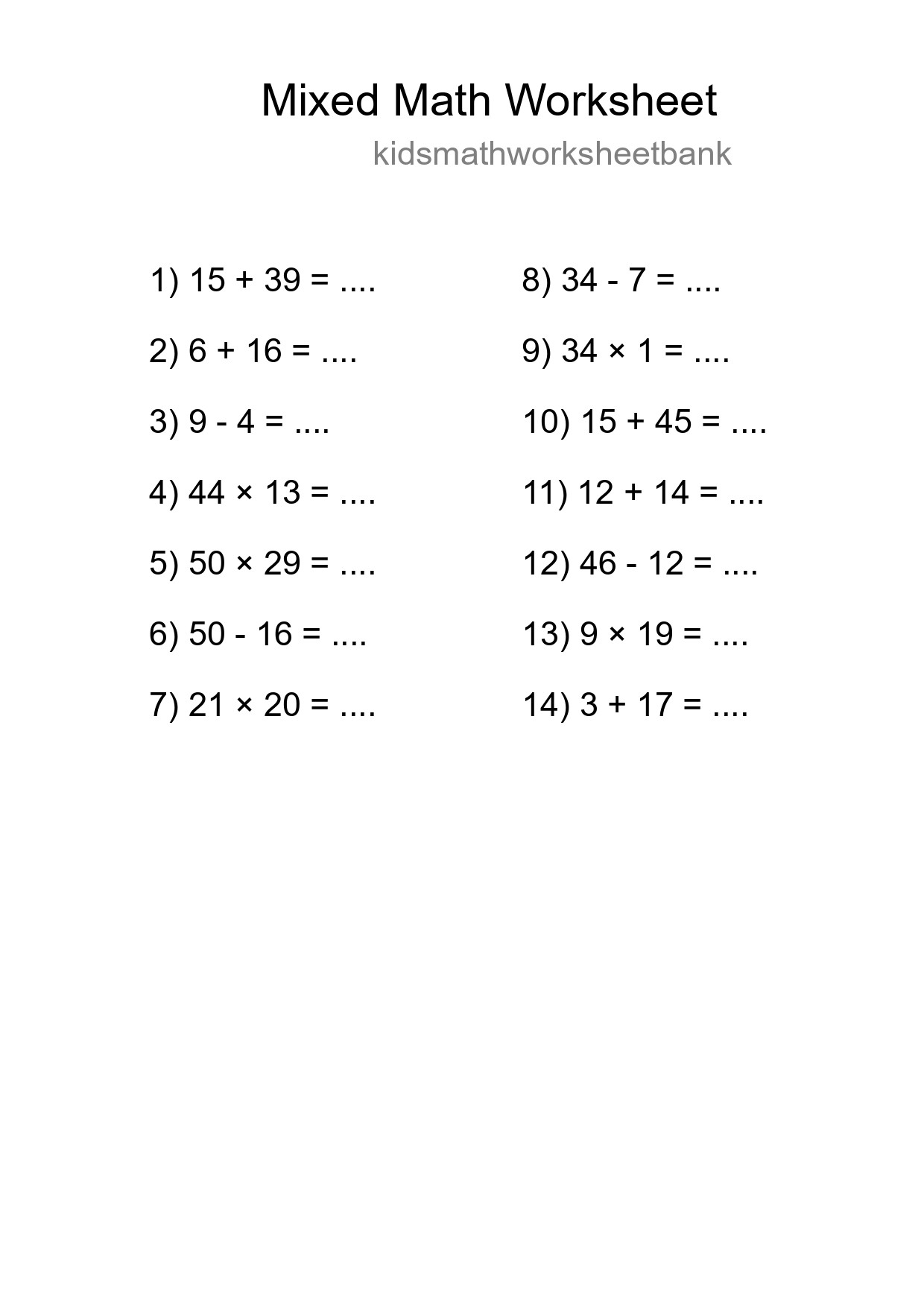Mixed Operations Math Worksheet
