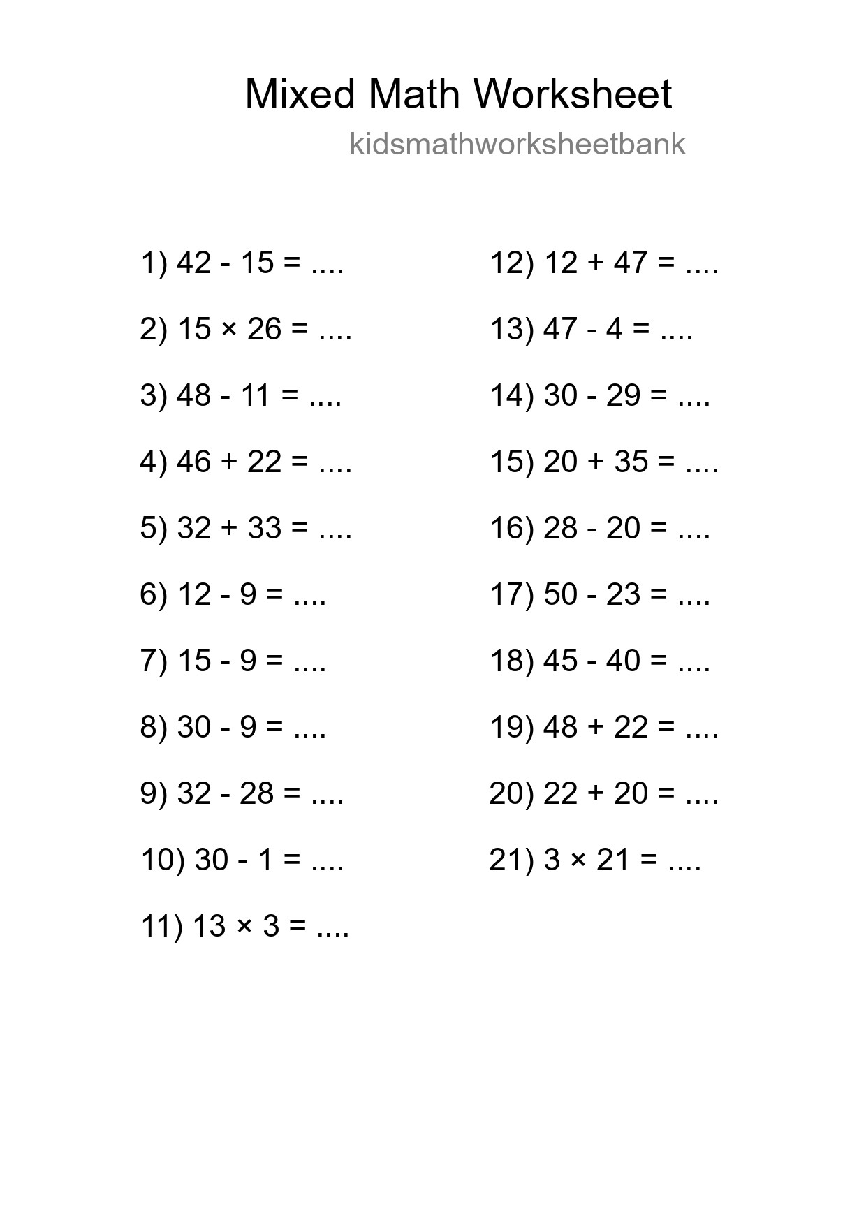Mixed Operations Math Worksheet