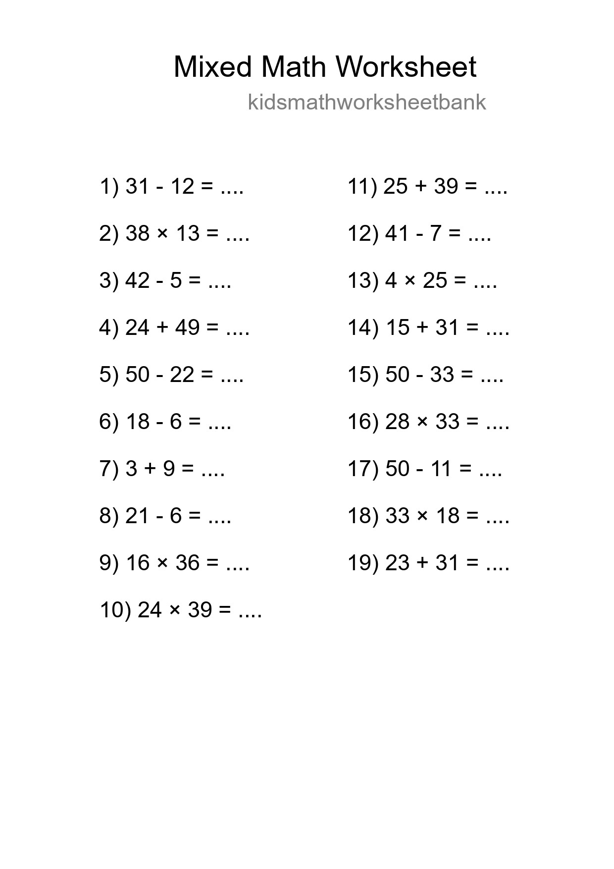 Mixed Operations Math Worksheet