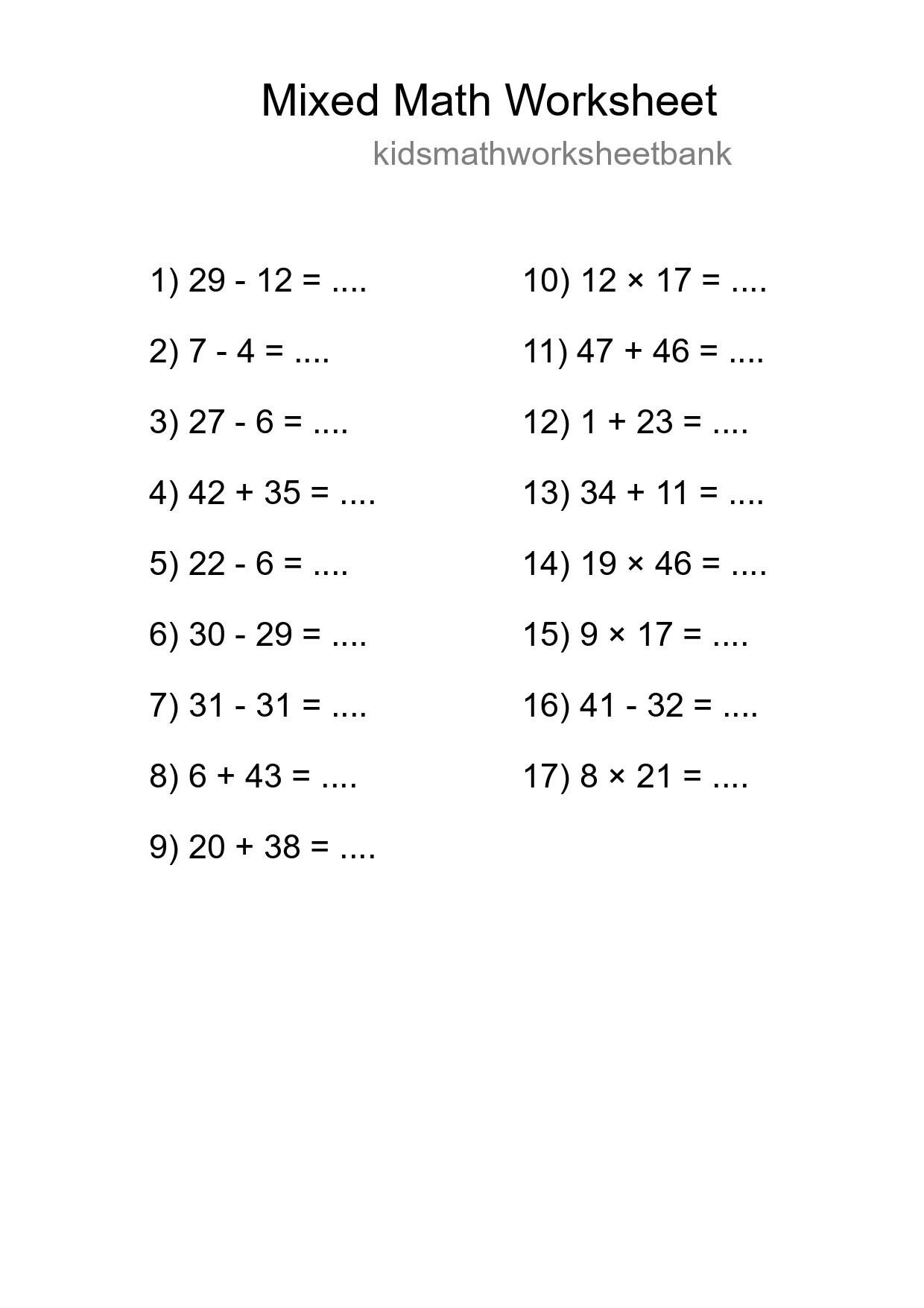 Mixed Operations Math Worksheet