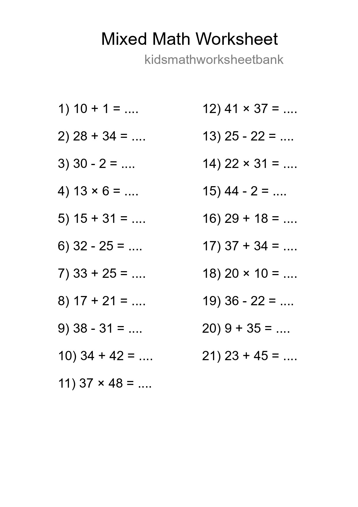 Mixed Operations Math Worksheet