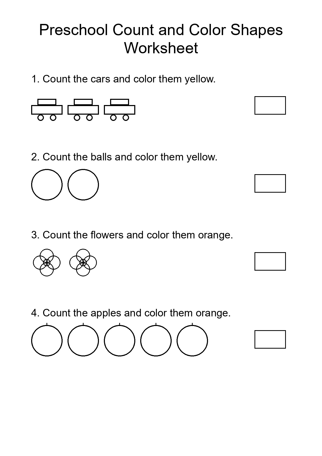 Preschool Count and Color Shapes Worksheet