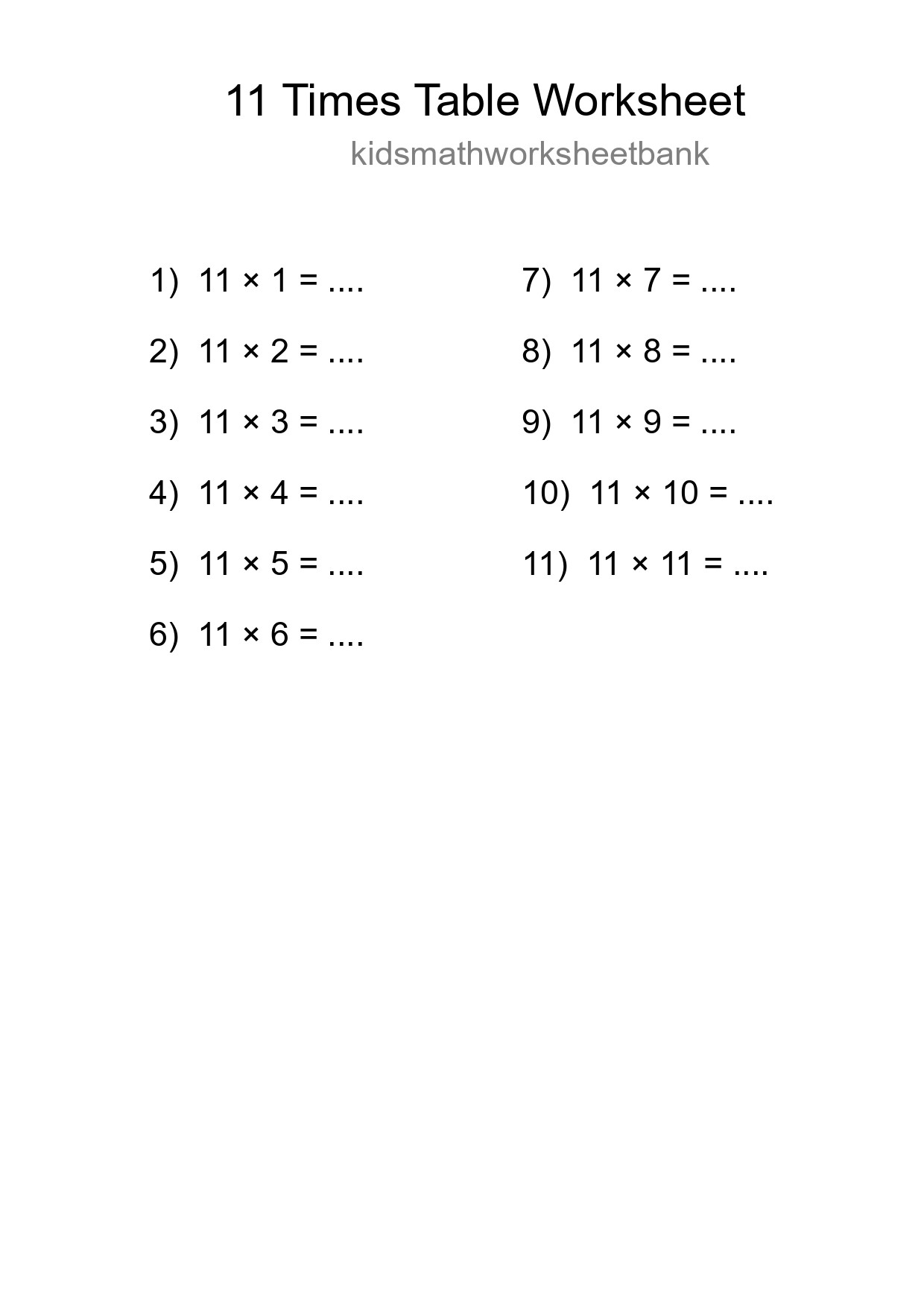 Printable 11 Times Table Worksheet For Grade 4 - Part 185