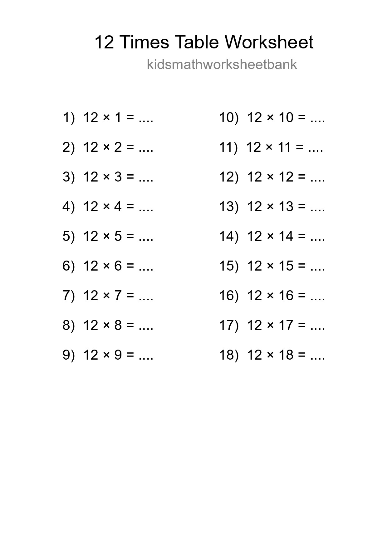 Printable 12 Times Table Worksheet For Grade 4 - Part 31