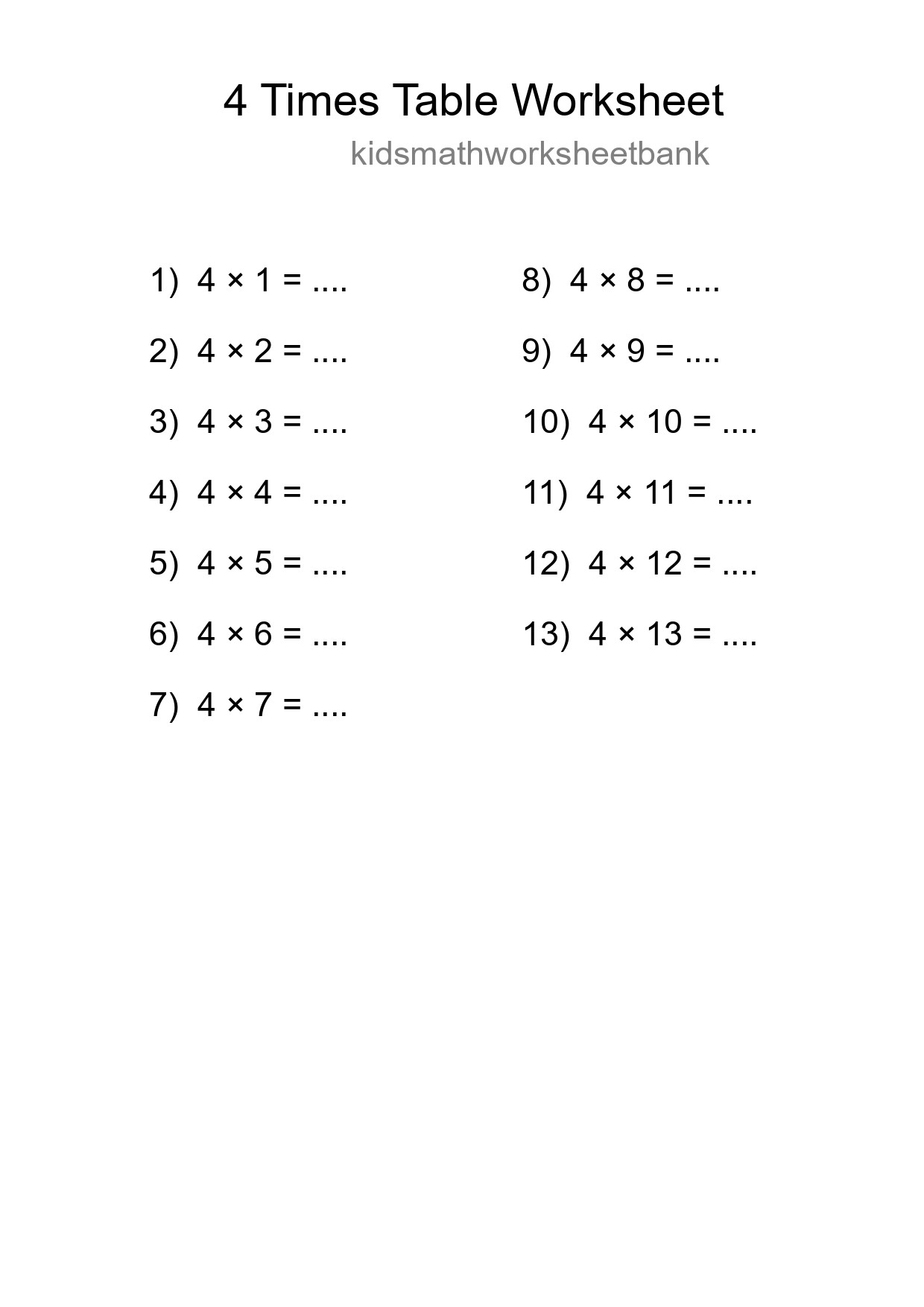 Printable 4 Times Table Worksheet For Grade 2 - Part 9