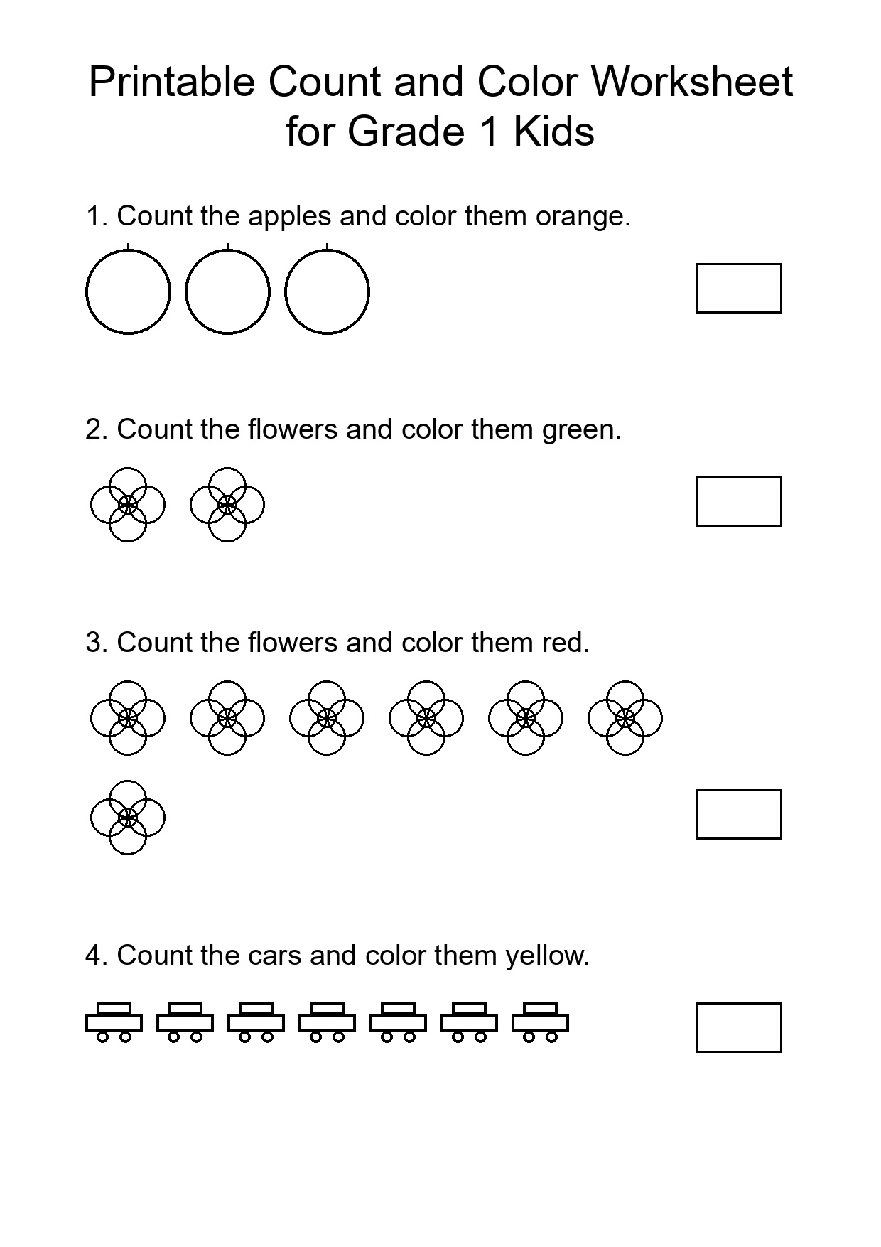 Printable Count and Color Worksheet for Grade 1 Kids