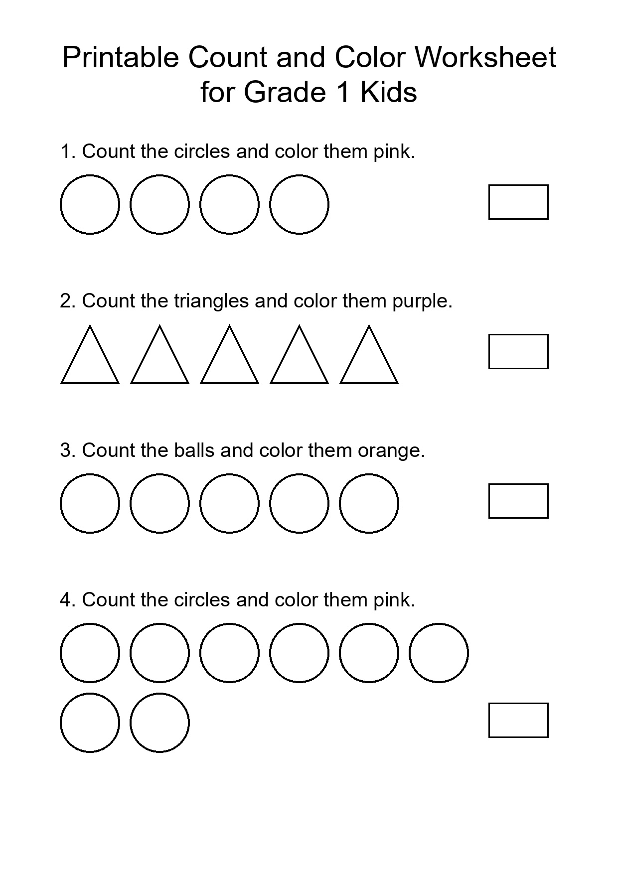 Printable Count and Color Worksheet for Grade 1 Kids