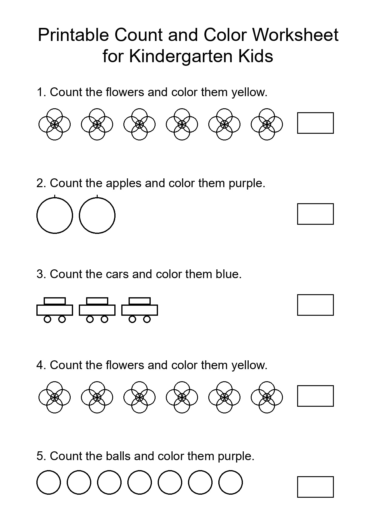 Printable Count and Color Worksheet for Kindergarten Kids