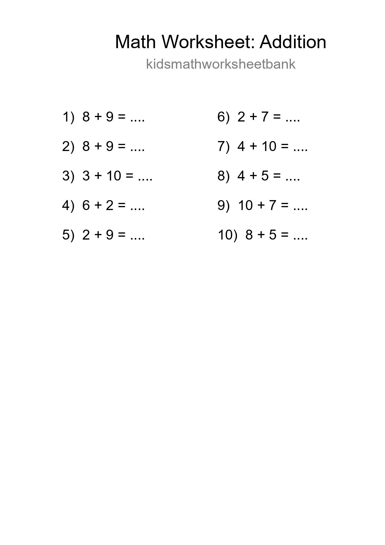Printable Free 10 Addition Math Worksheet For Grade 1 - Part 276